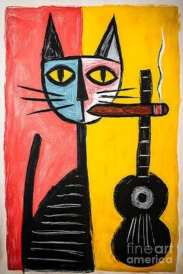 Dual Tone Rebel Cat - Edgy Stylized Feline with Cigar and Black Guitar in Fiery Hues