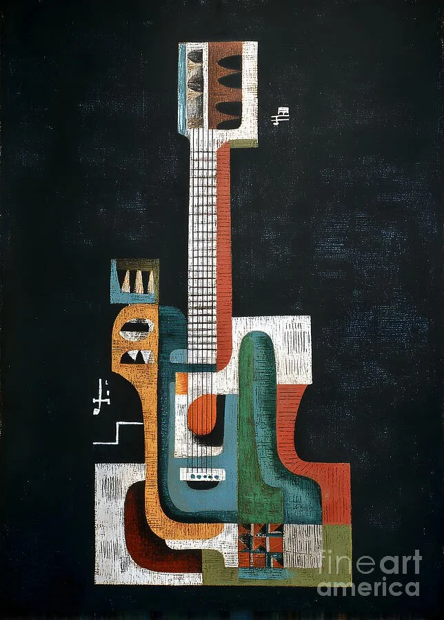 Stylized Abstract Guitar with Geometric Shapes and Vibrant Colors Against a Dark Background