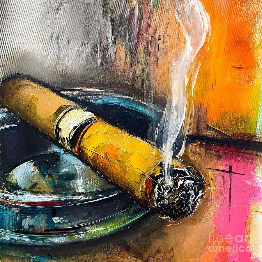 Glowing Cigar in Blue Ashtray - A Vibrant Abstract Celebration of Smoke Indulgence and Relaxation