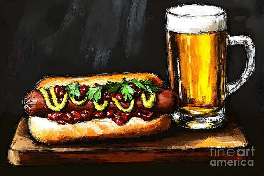 Delicious Hot Dog with Mustard and Ketchup Fresh Herbs and Frothy Beer - Pub Food Delight