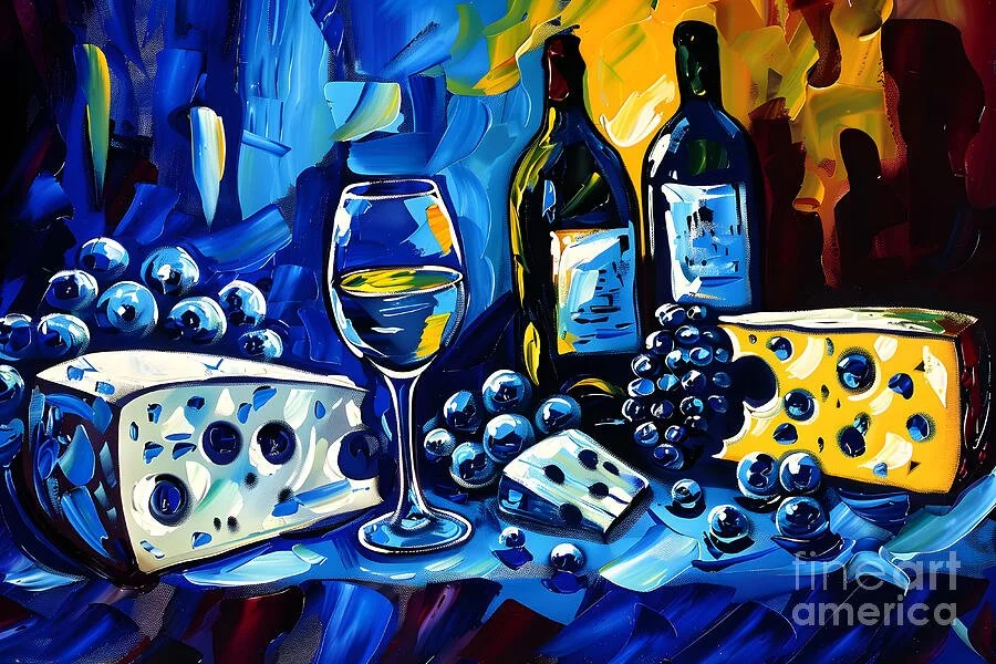 Vibrant Still Life with Wine, Cheese, and Grapes - Bold Brushstrokes and Rich Color Play