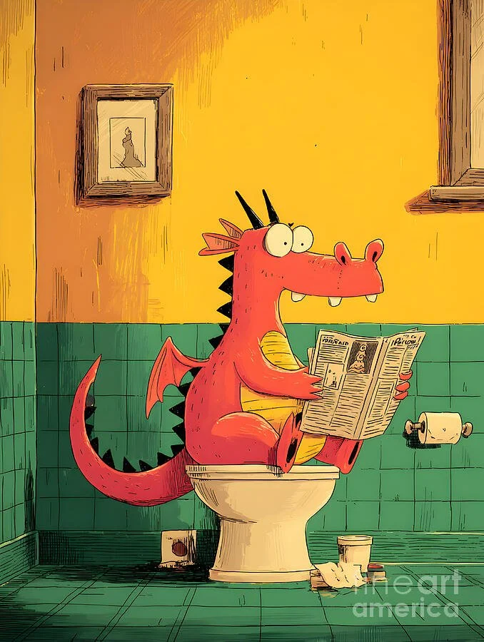 Hilarious Dinosaur Artwork Relaxing on Toilet Reading the Newspaper in Colorful Bathroom Scene