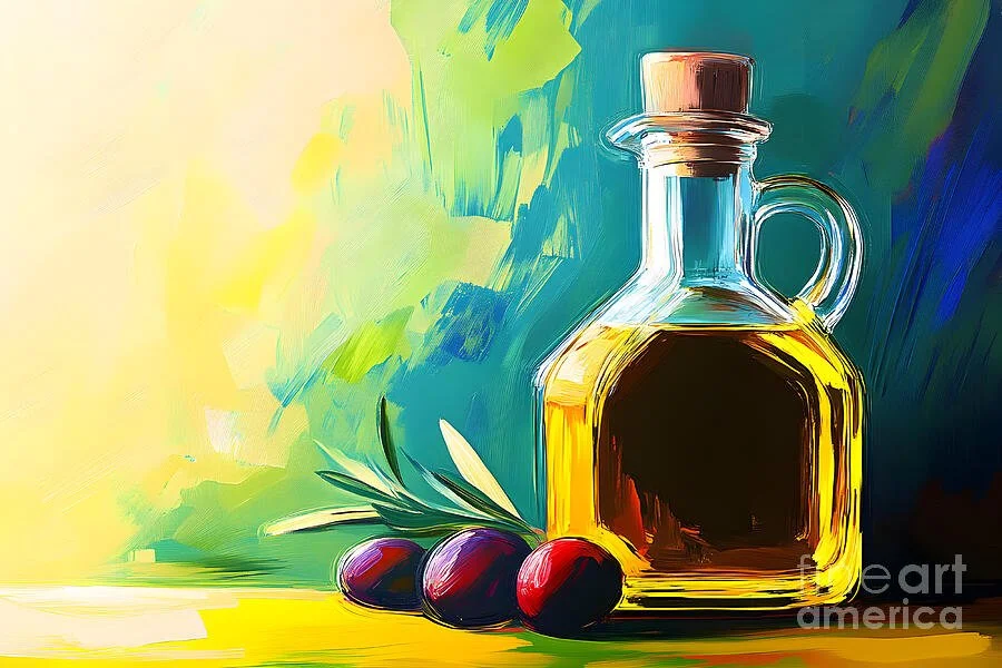 Olive Oil Elegance - A Trio of Olives and Fresh Leaves in Vibrant Harmony