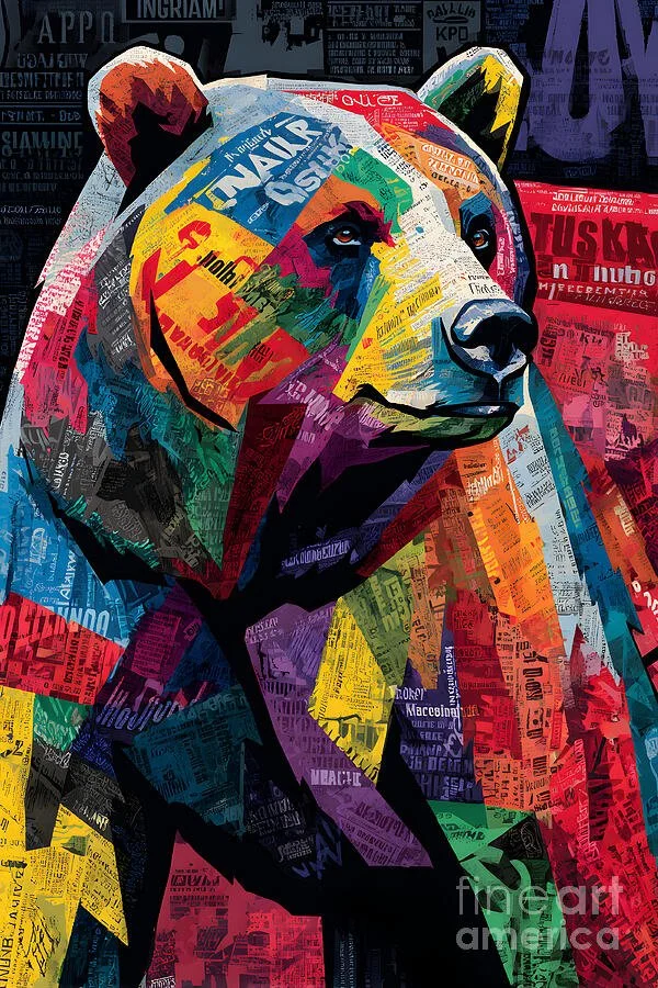 Typography Bear Power - Vibrant Wildlife Portrait with Dynamic Text Collage