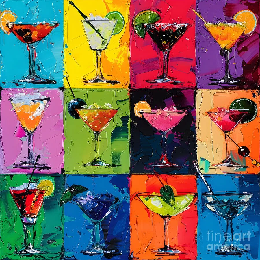 Vibrant Cocktail Collage with Twelve Unique Drinks on Colorful Backgrounds - Diverse Garnishes