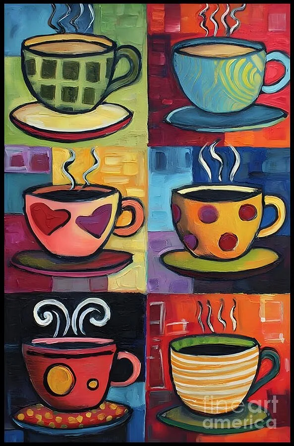 Colorful Coffee Cups Grid Featuring Unique Patterns and Rising Steam Against a Vibrant Background