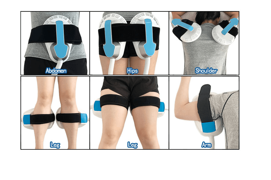People wearing adjustable weightlifting harnesses on abdomen, hips, shoulders, legs, and arms for strength training or physical therapy.