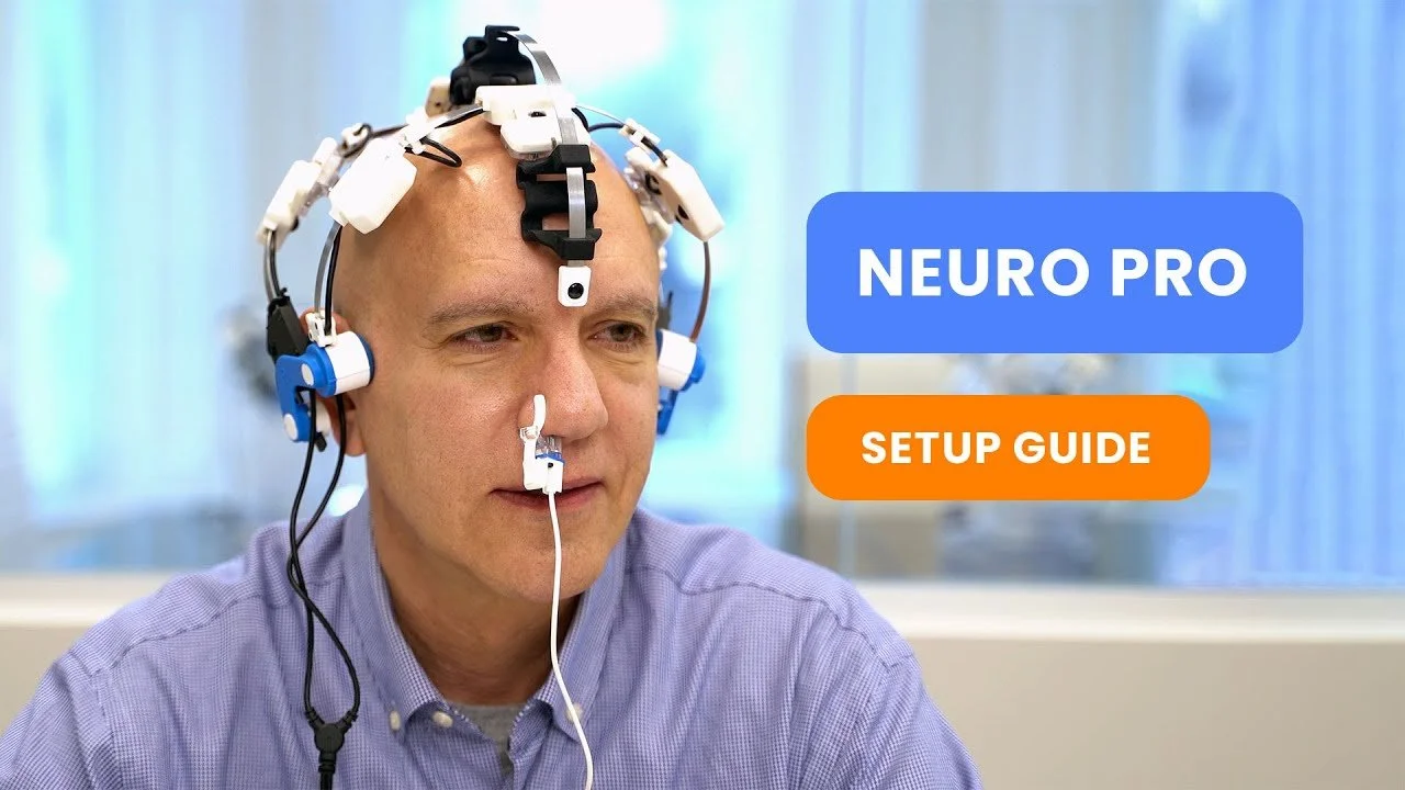 Man with electrodes and sensors on his head wearing a headset, with text 'Neuro Pro Setup Guide'.