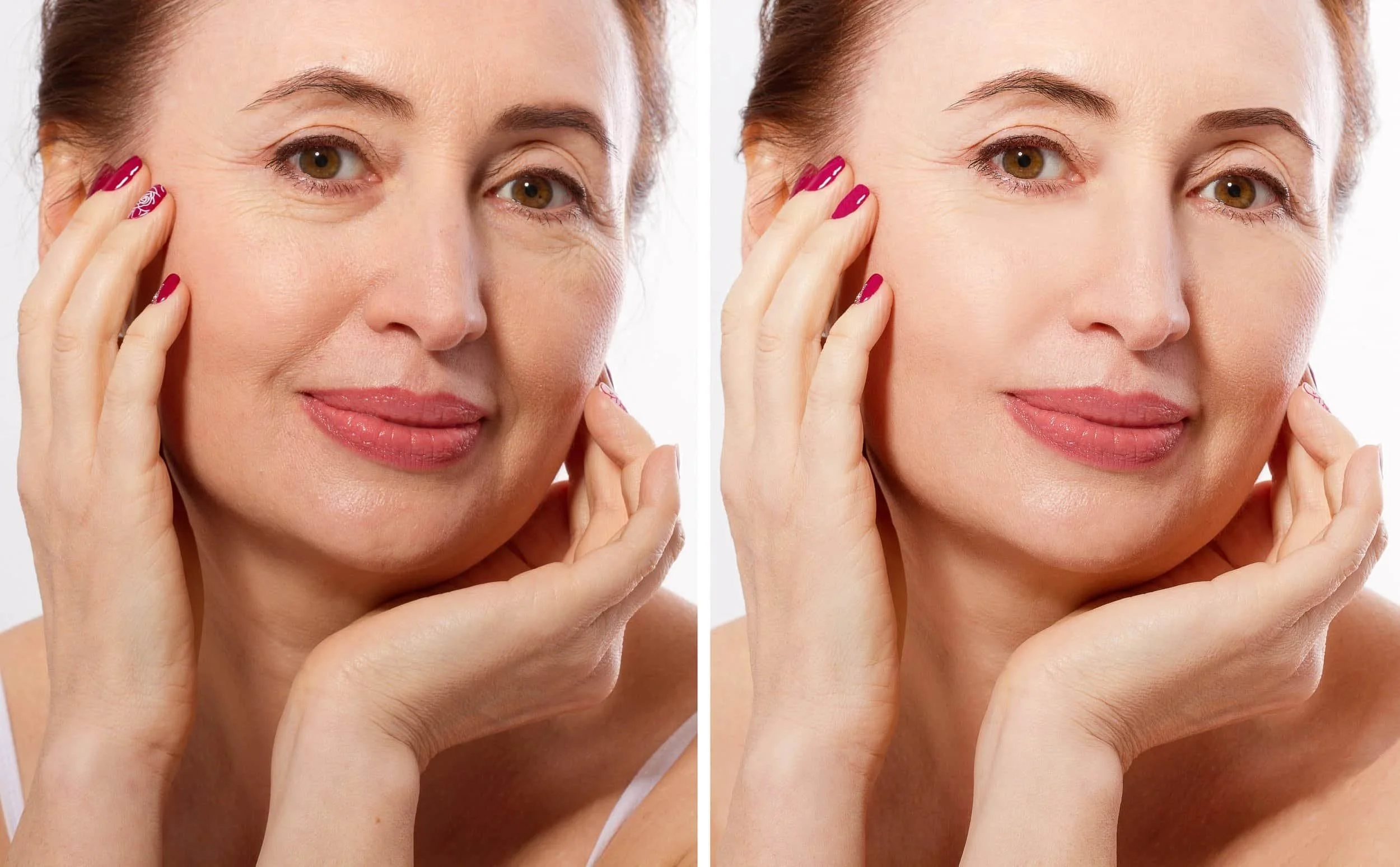 Side-by-side comparison of a middle-aged woman with makeup, smiling, touching her face, showing a before and after of skincare or makeup application, with different skin appearances in each image.
