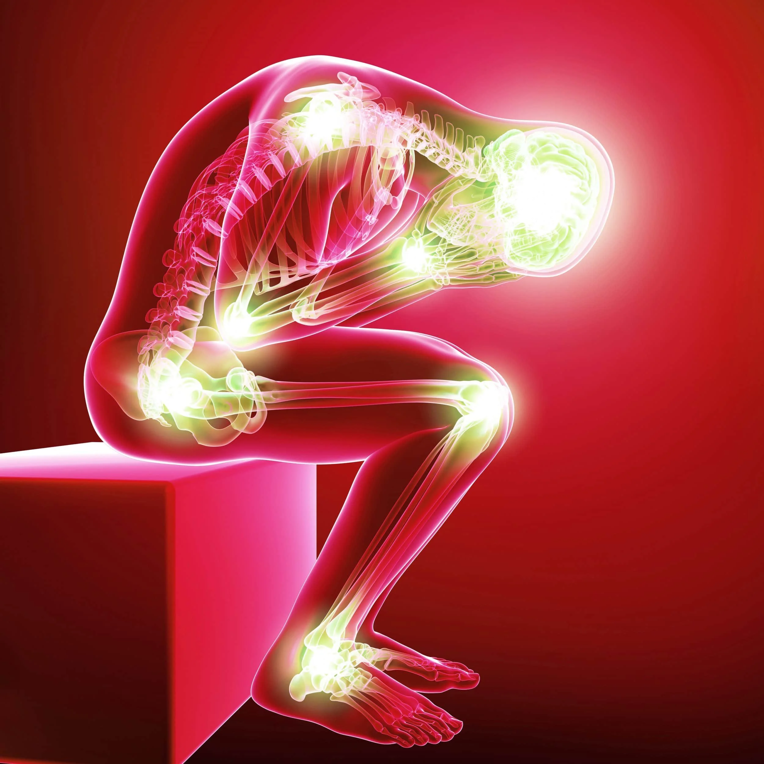 A digital illustration of a person sitting on a cube, with the body shown as a semi-transparent, glowing outline revealing internal bones and brain, against a red background.