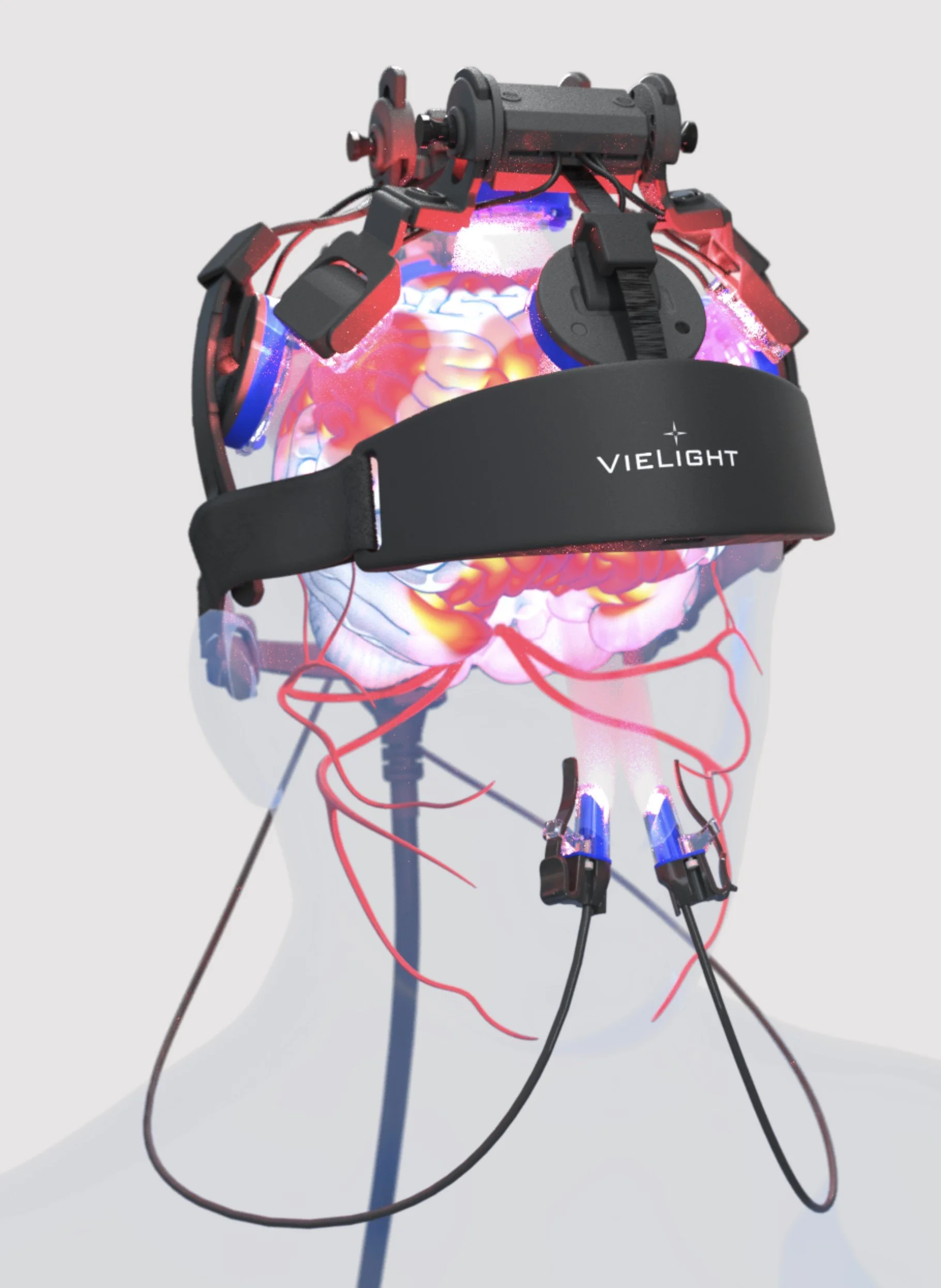 A brain machine interface helmet with various electronic components, wires, and a virtual brain overlay, branded with the name Vielight.