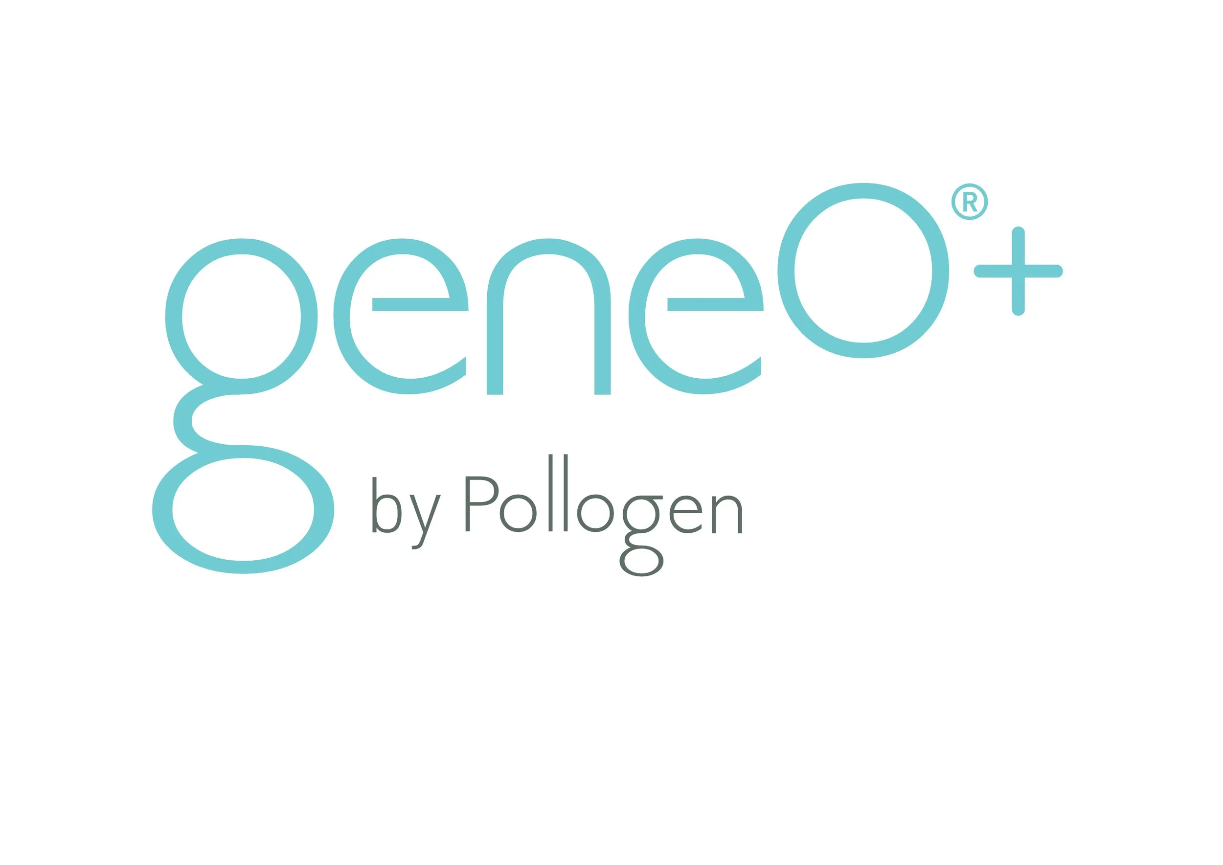 GenoO+ by Pollogen logo in light blue and grey text on a white background.