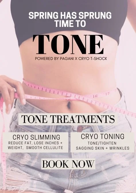 Promotional poster for tone treatments powered by Pagani Cryo T-Shock, featuring a woman measuring her waist with a pink tape measure, advertising cryo slimming and cryo toning services.