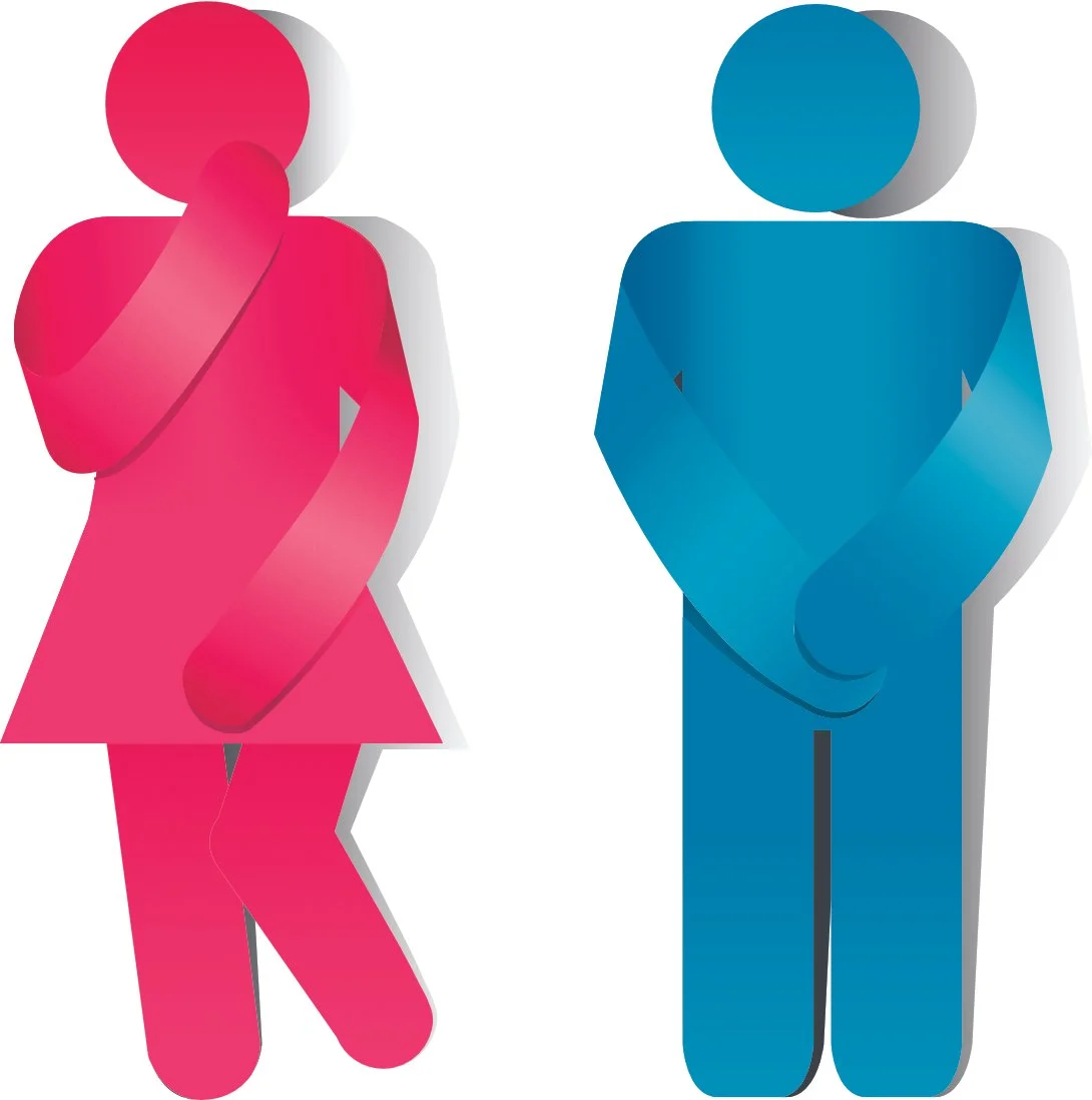 Simplified graphic of a woman in pink and a man in blue, both struggling with incontinence.
