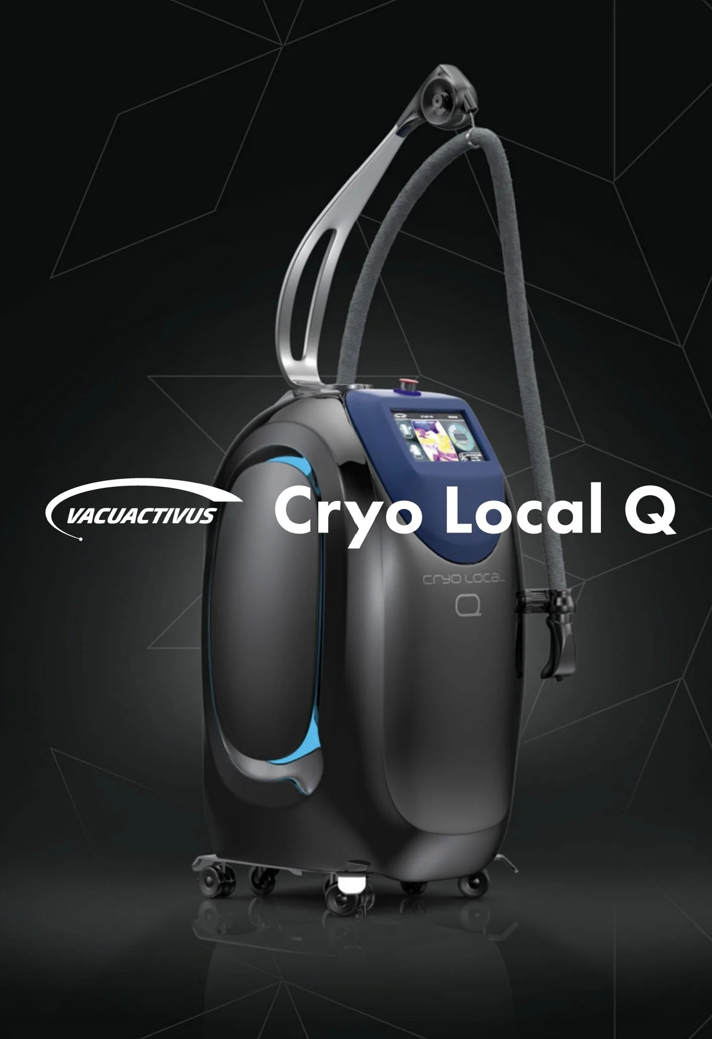 A medical device called Cryo Local Q by VACUACTIVUS, used for cryotherapy, featuring a sleek black body with a digital touchscreen interface and a flexible tube attached to a handheld applicator, set against a dark geometric background.