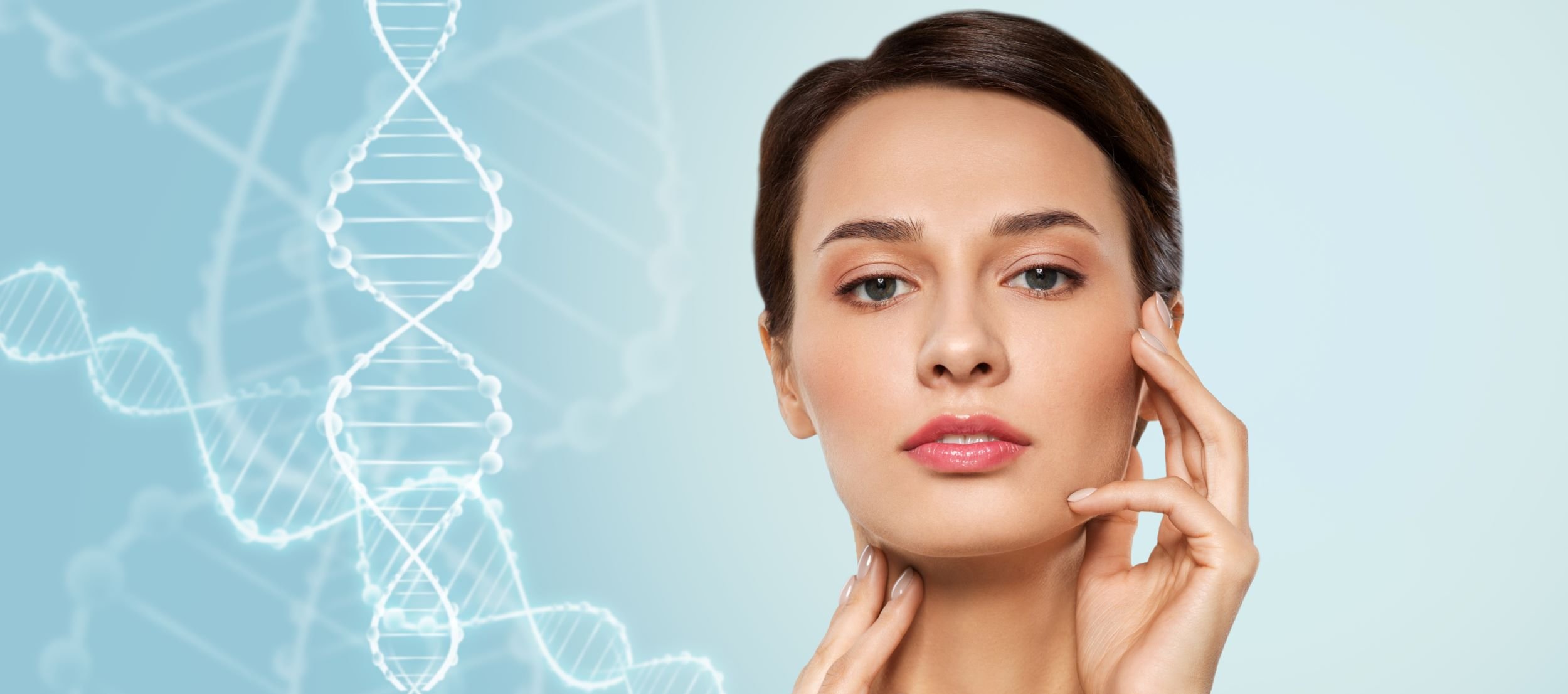 A woman touching her face with digital DNA strand graphics in the background, indicating a focus on genetics or skincare.
