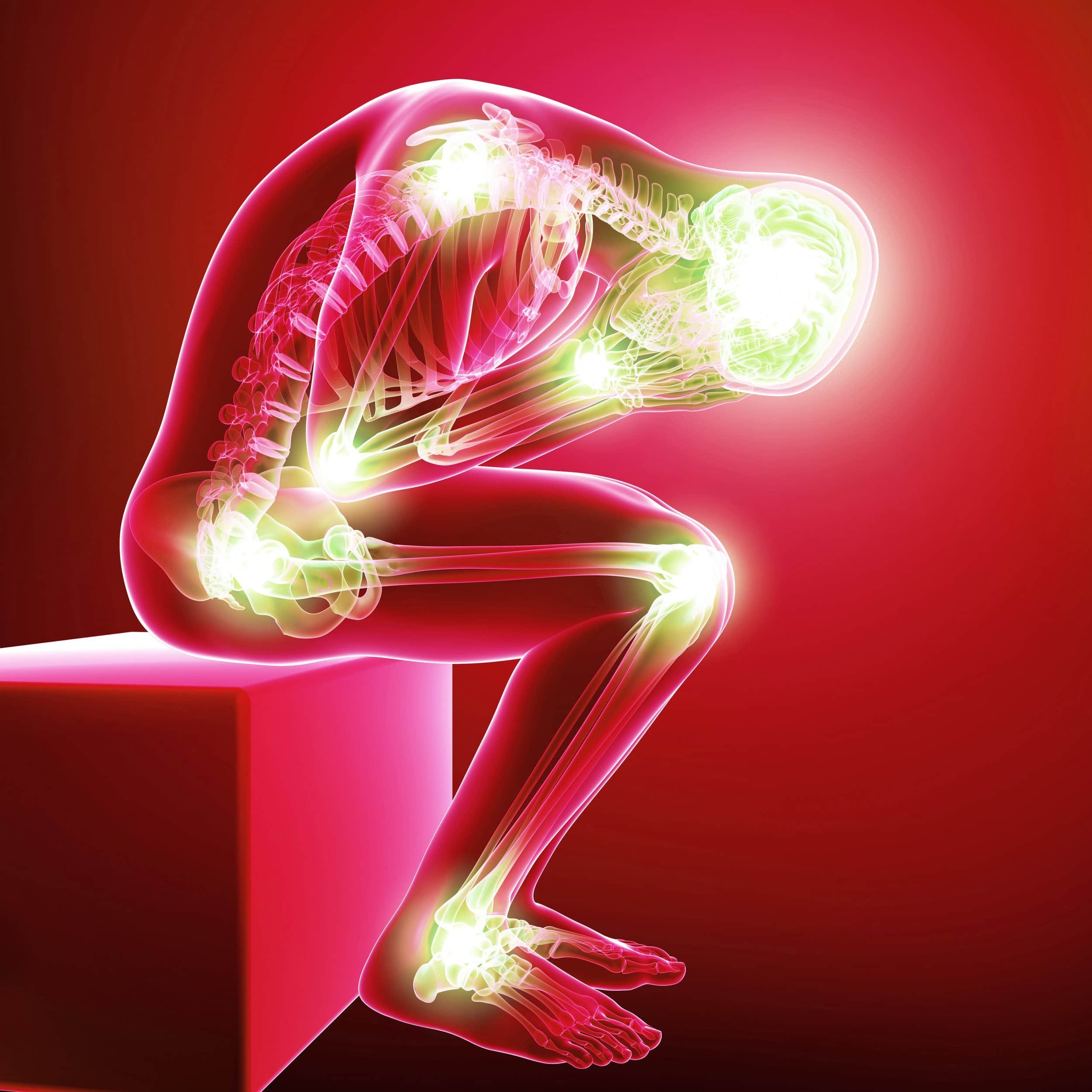 A digital illustration of a human figure in a squatting position with a red background, with the skeleton and internal organs highlighted in bright neon pink and green, showing glowing points at various joints and the head.