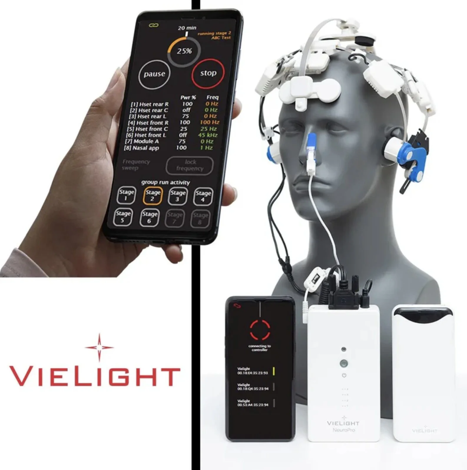 A medical device setup including a mannequin head with various sensors and equipment, a smartphone showing a control app, and a smaller device with a digital display. The setup is branded VIELIGHT.