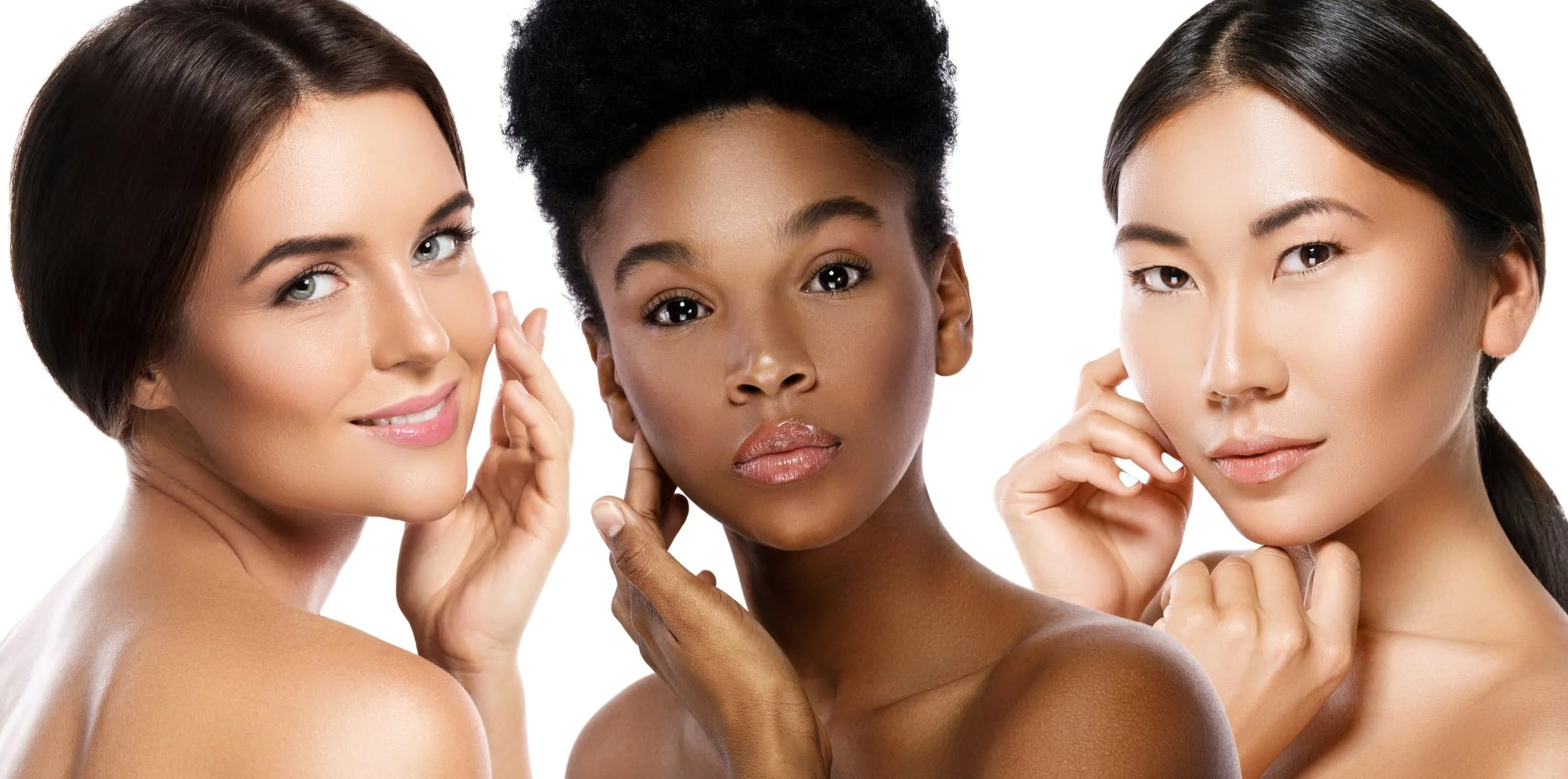 Three women with different skin tones and hair types touching their faces, looking at the camera against a white background.