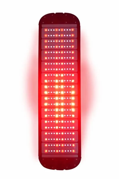 A red LED grow light panel with multiple rows of small LED lights emitting bright light, used for indoor plant growth.