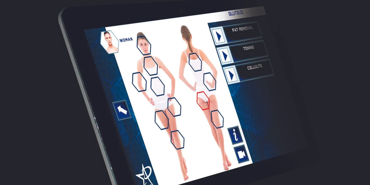 Tablet screen showing a body analysis app with a female model's front and back views, highlighting body areas for fat removal, toning, and cellulite treatment.