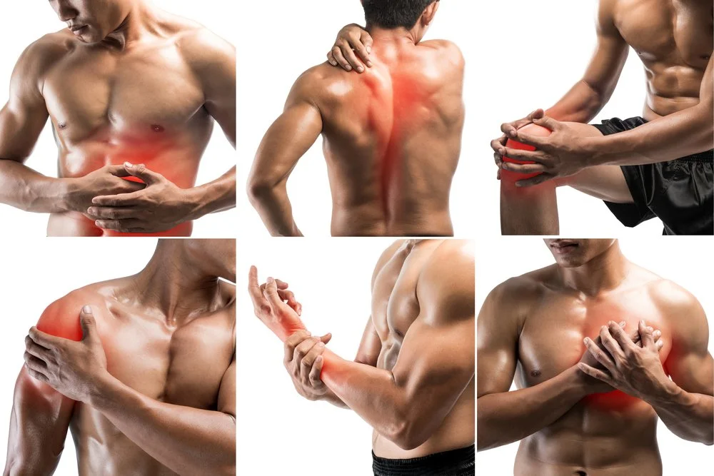 Multiple shirtless men with muscular builds holding or touching areas of pain or discomfort on their bodies, highlighted with red indicating pain or injury, in various poses.