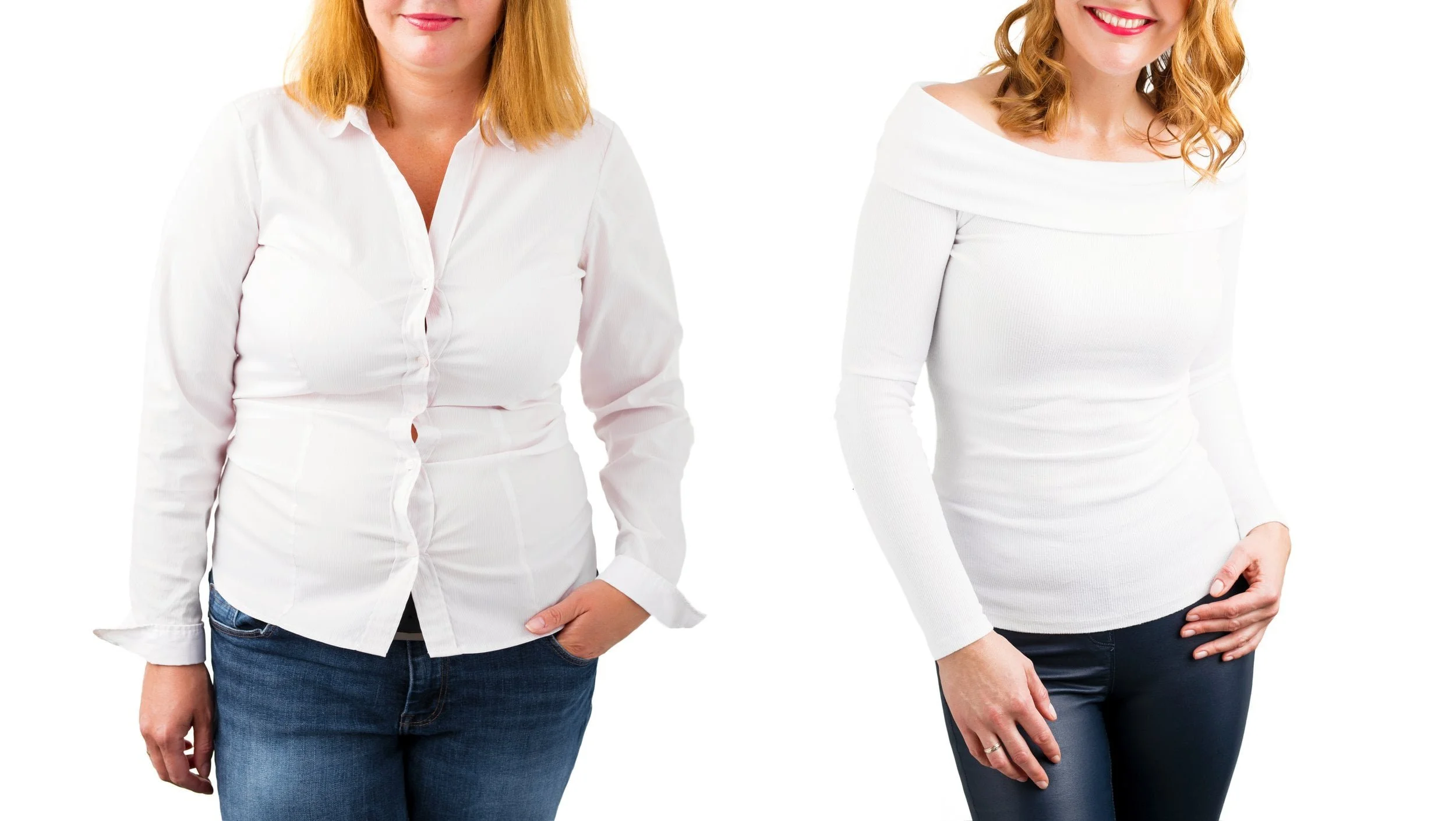 Side-by-side images of a woman before and after weight loss, wearing white tops and blue jeans, smiling in the after photo.
