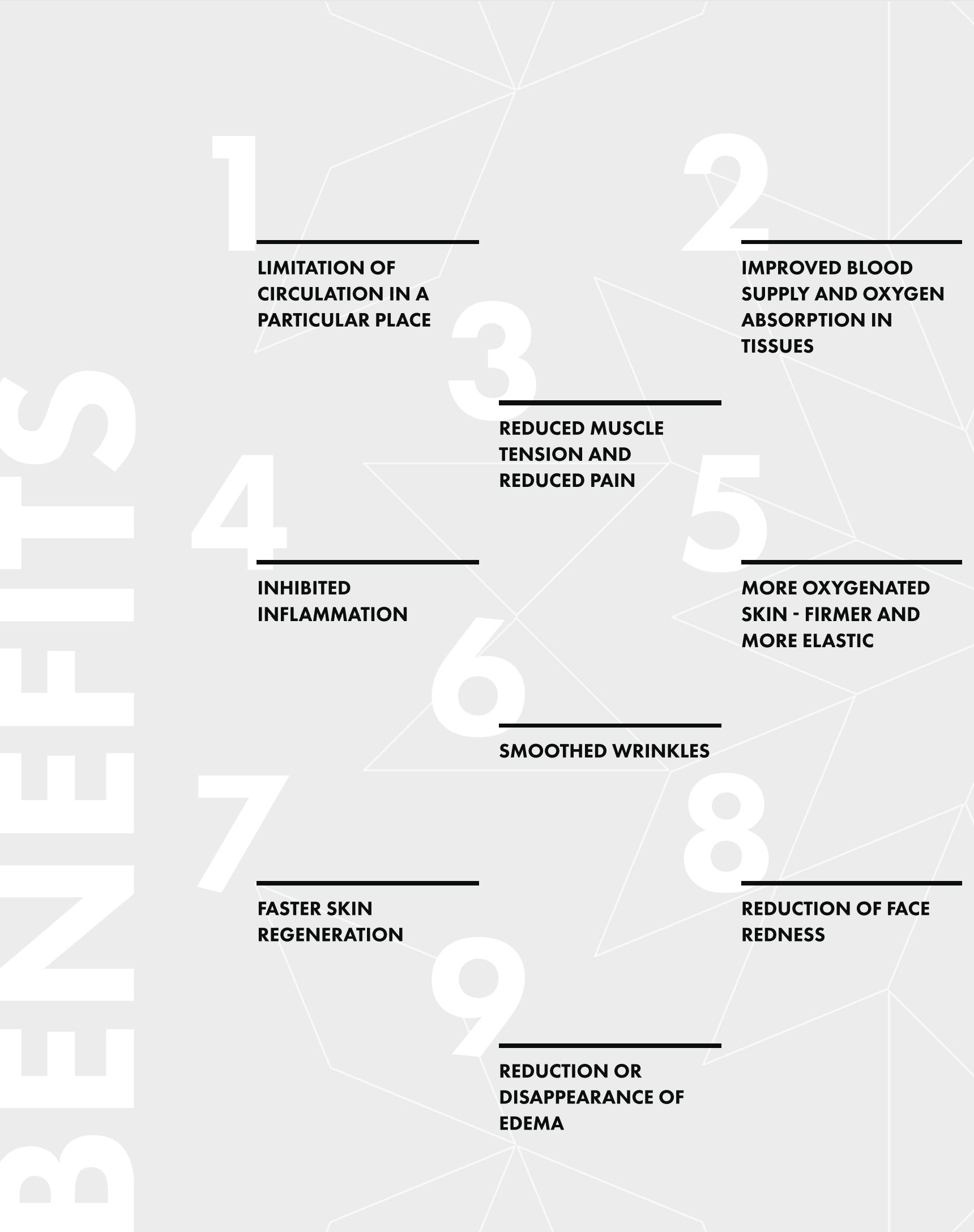 List of 9 benefits of a cosmetic or skincare treatment, including improved circulation, better blood supply and oxygen absorption, reduced muscle tension and pain, inhibited inflammation, more elastic skin, smoothed wrinkles, faster skin regeneration