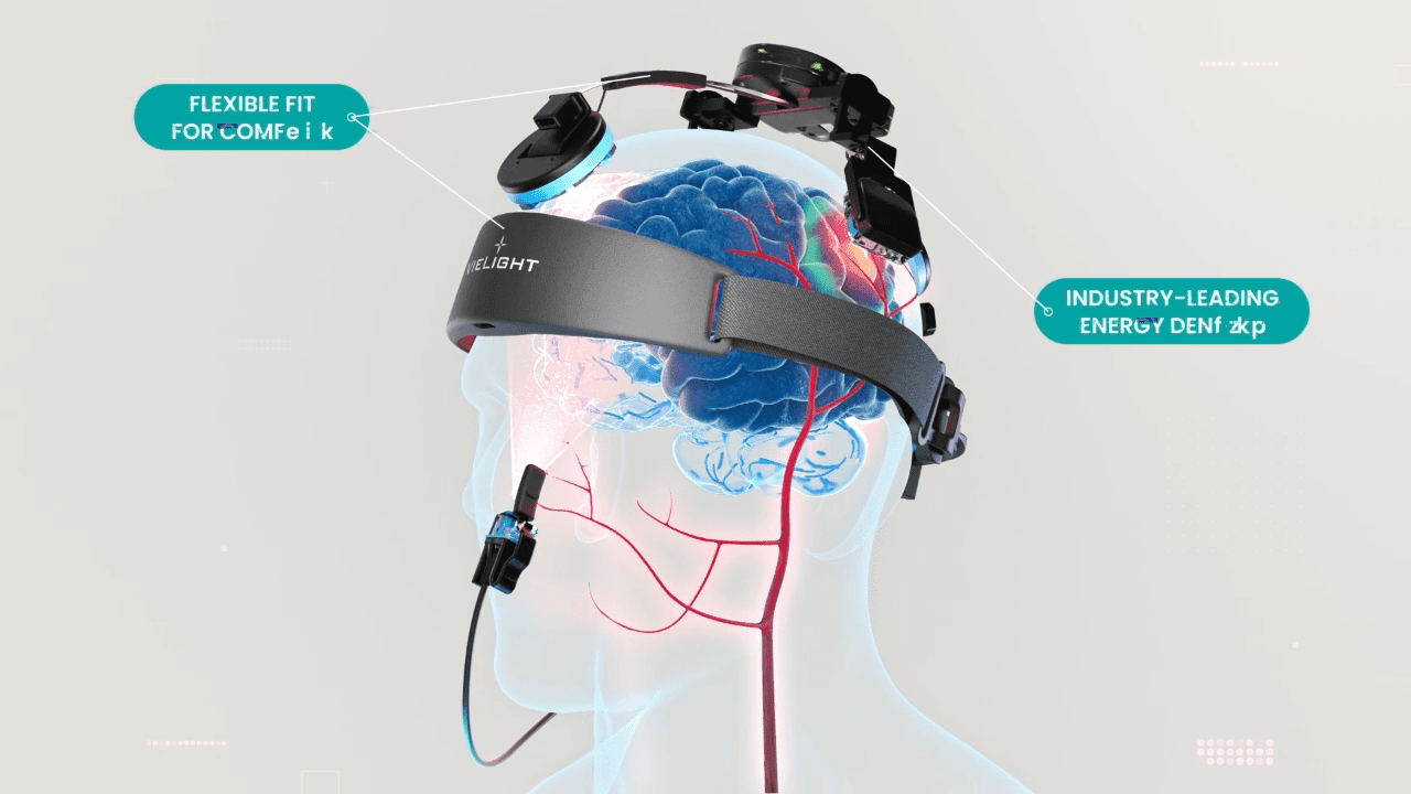 A digital illustration of a brain inside a transparent human head wearing a virtual reality headset with labels highlighting its features.