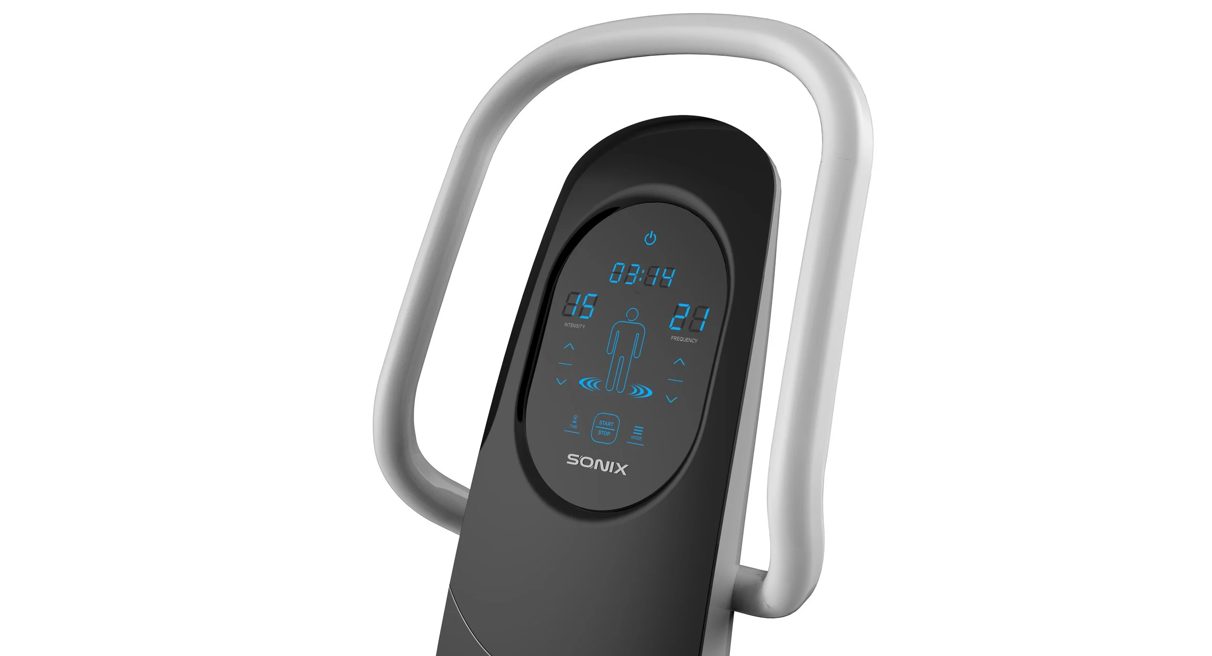 A digital physical therapy device with a touch screen display showing a human figure and control icons.