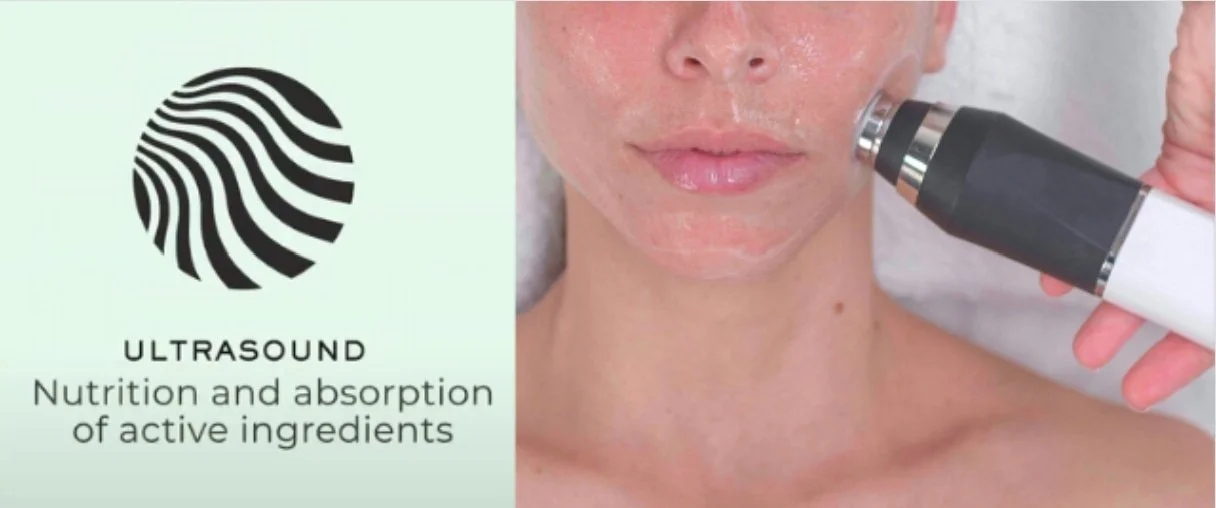 A woman receiving ultrasound treatment on her face, with text indicating 'ULTRASOUND Nutrition and absorption of active ingredients.'