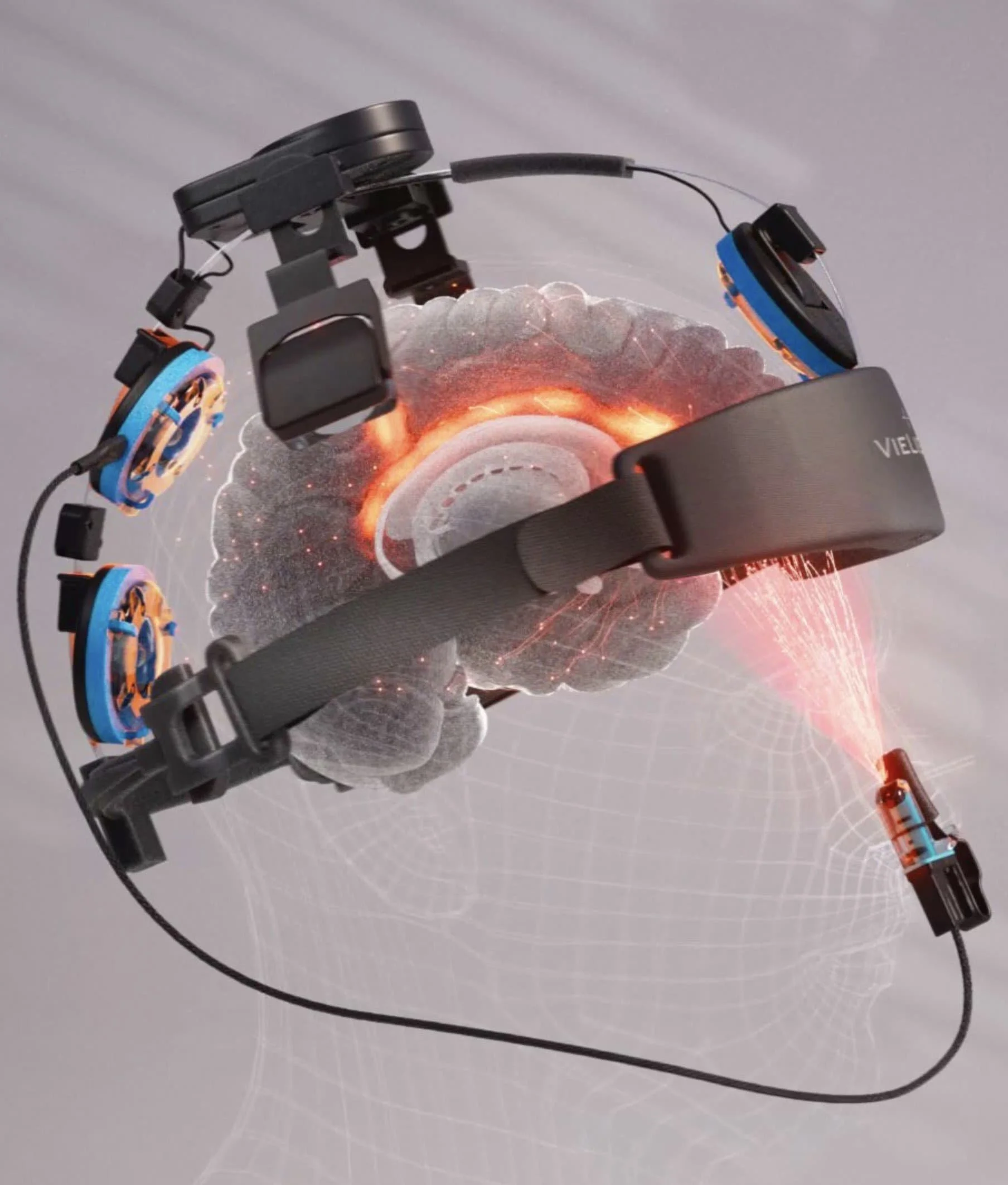 A virtual reality headset with suppressors and sensors, overlaying a digital graphic of a colorful human brain with glowing and network patterns.