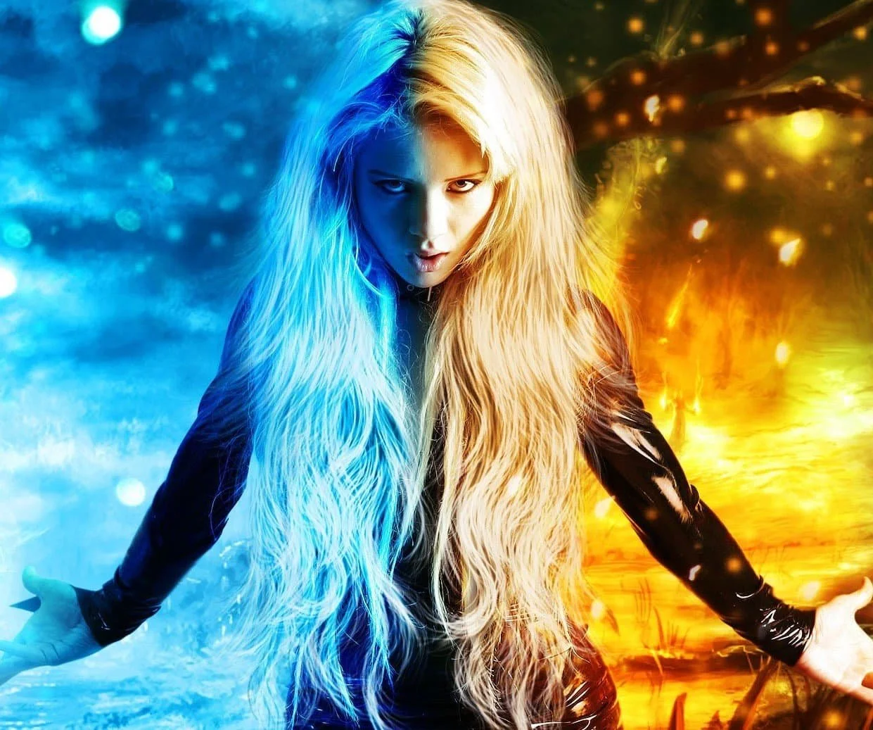 A woman with long blonde hair split with blue on the left and orange/yellow on the right, intense expression, dramatic lighting