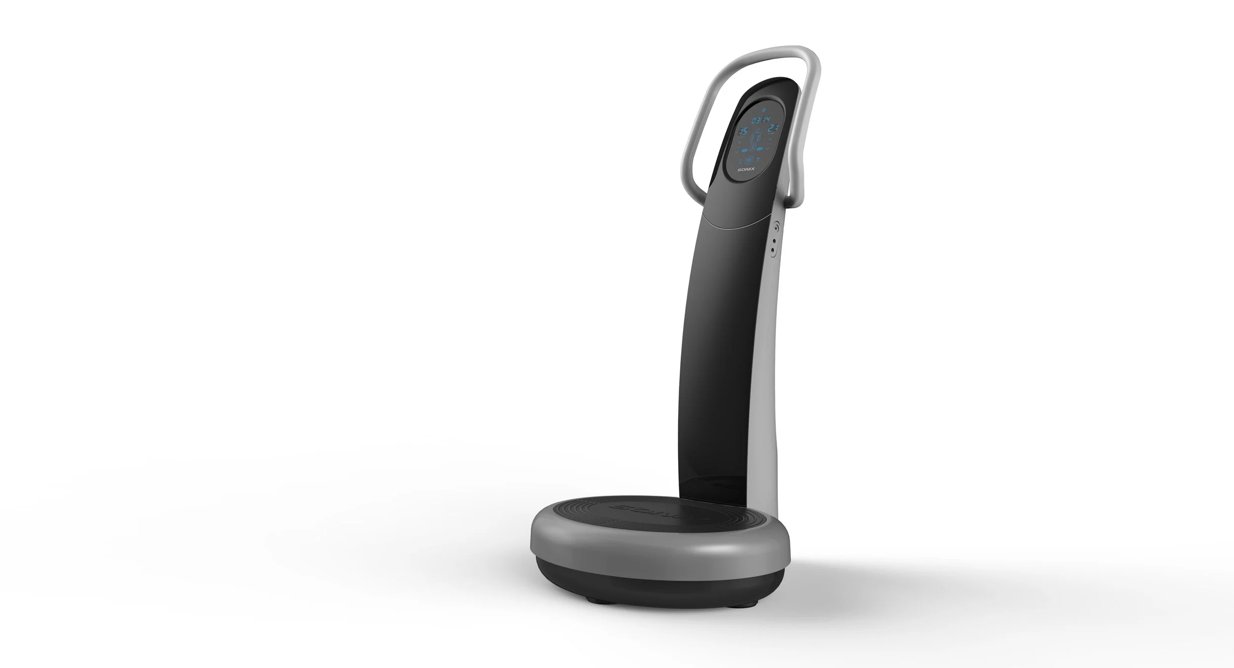 A modern black and gray standing exercise or vibration plate machine with a digital display.