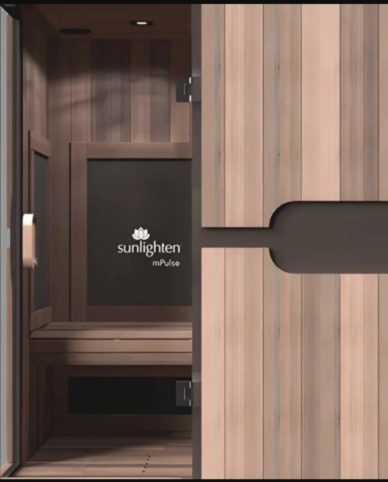 Interior of a wooden sauna with a black Sunlighten mPulse sign on the wall.