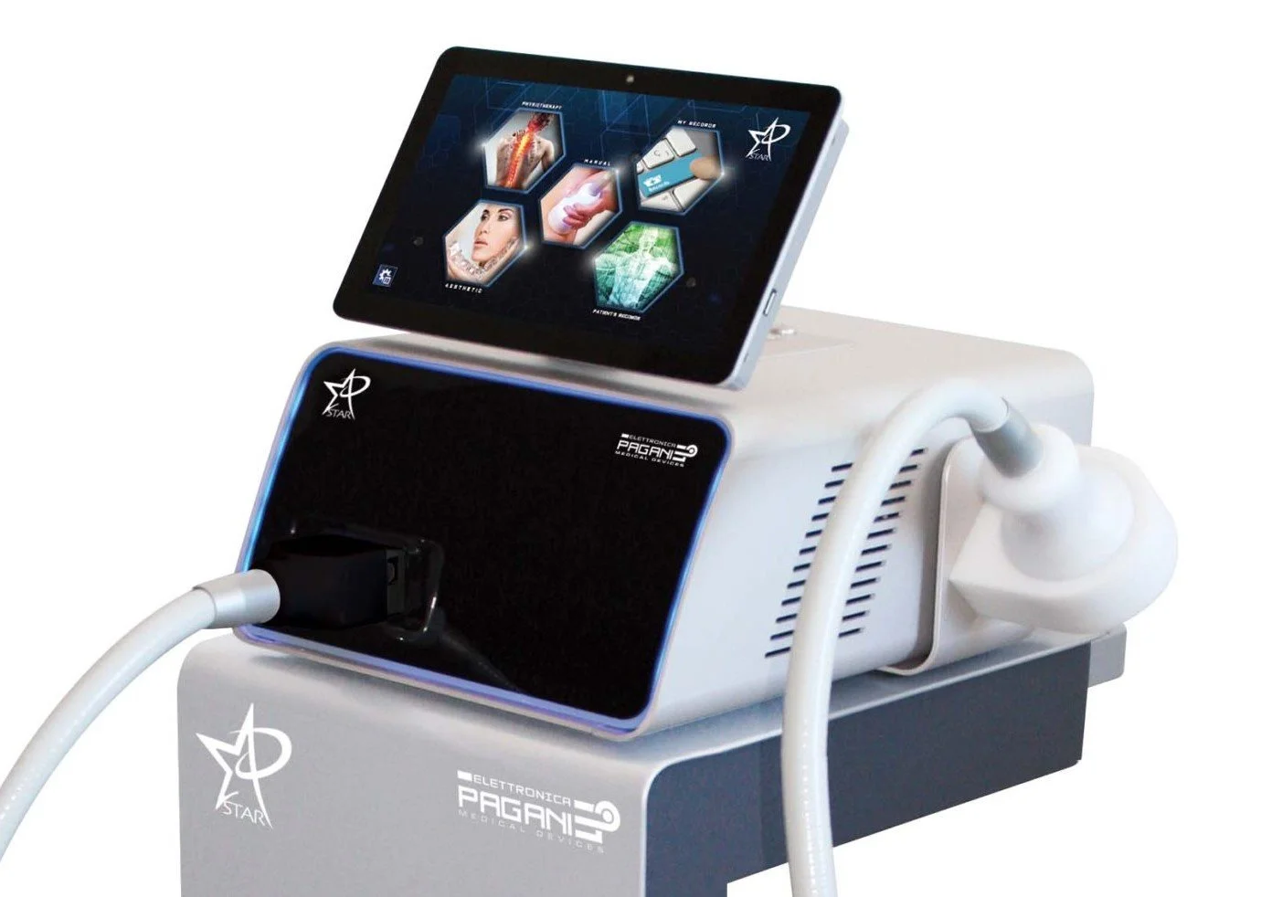 Medical device with a digital screen on top displaying graphics and images related to healthcare, connected to a main unit with cables, used for therapeutic or diagnostic purposes.