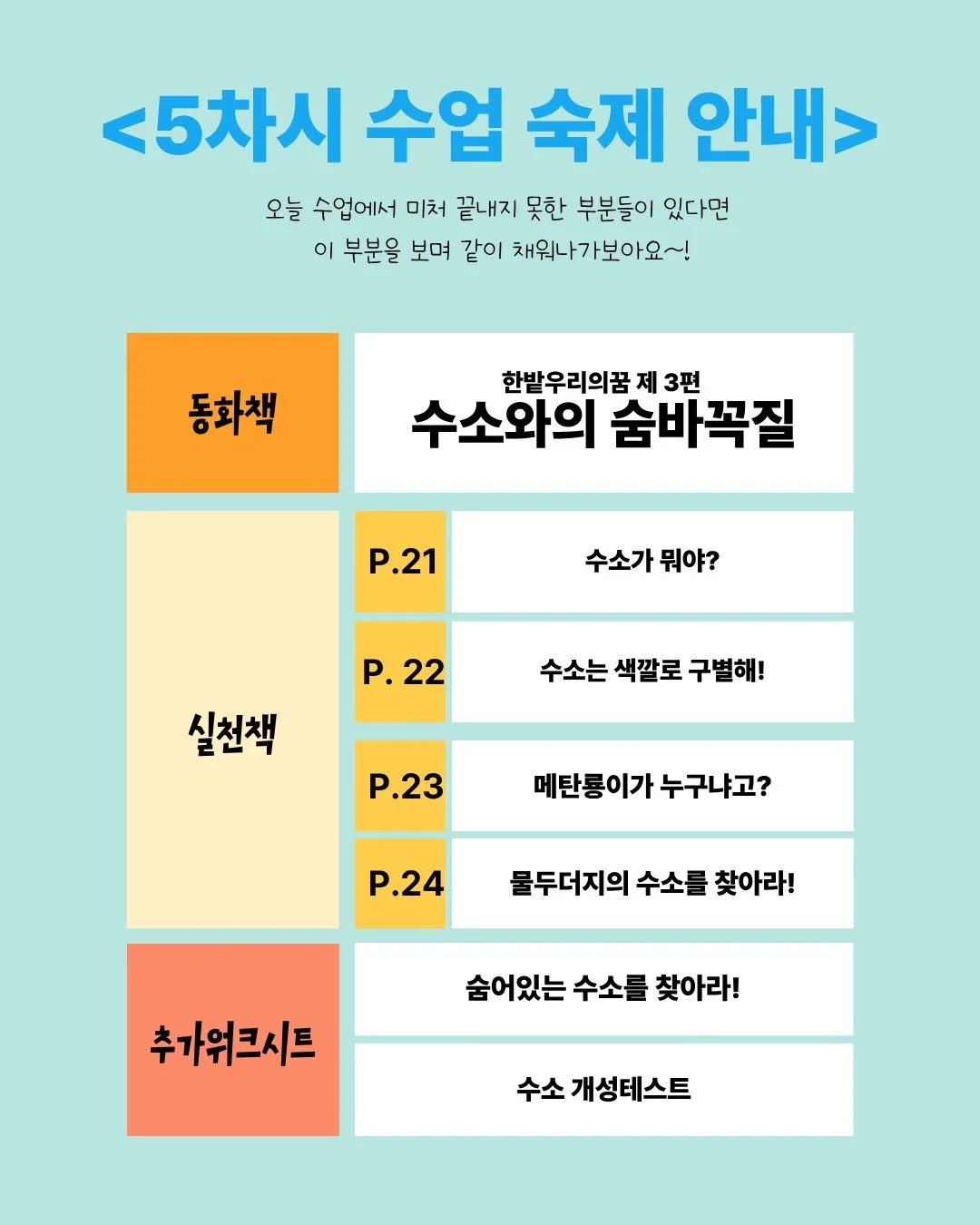 📘 5차시 수업 숙제 안내!
수소가 어디 숨어있을까? 👀💨
동화책&middot;실천책&middot;워크시트로
수소와의 숨바꼭질 완성하기!

📥 다운로드는 라이브클래스 공지사항에서 확인해주세요 :)

#한밭우리의꿈 #수소와의숨바꼭질
#에너지북 #초등에너지교육 #수소에너지