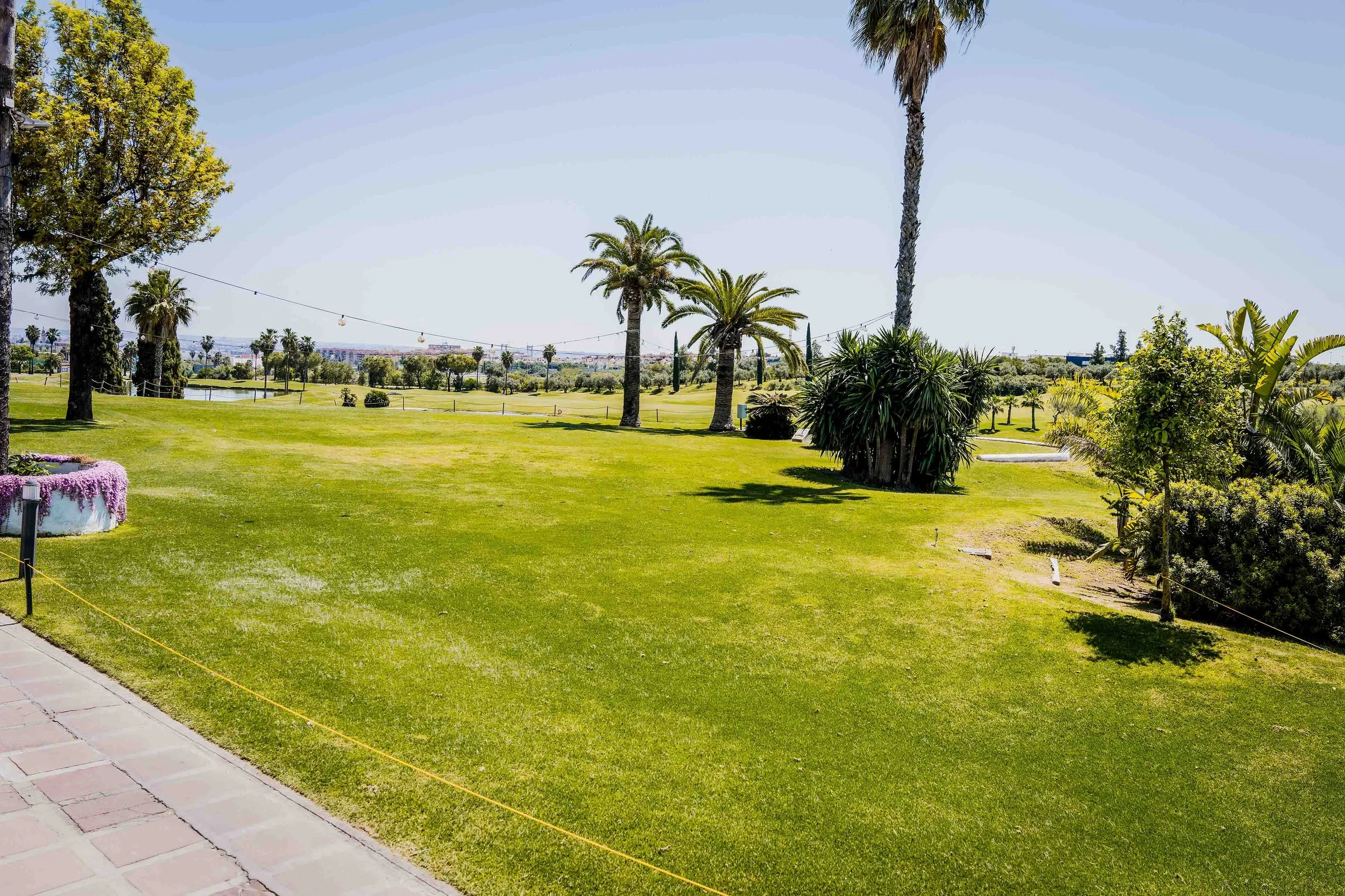 Club Zaudin Bormujos. Fotografo de comuniones exclusivas Jardín con césped verde, varias palmeras, arbustos y un camino de piedra, en un día soleado con cielo despejado.