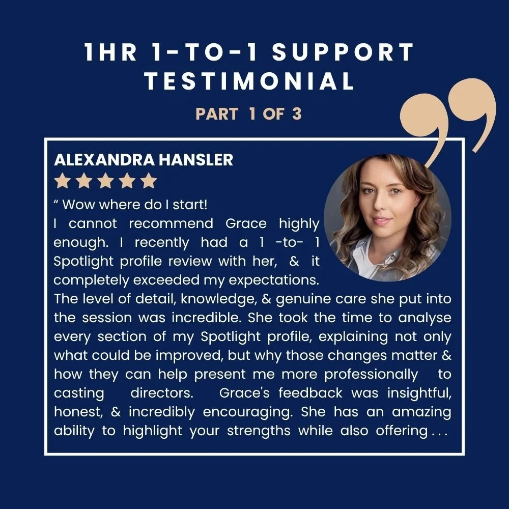 Part 1 of 3 testimonial graphics with a photo of Alexandra, with a five-star rating, and text praising Grace for her 1 hour 1 to 1 support service. The background is dark blue, with white and beige text.