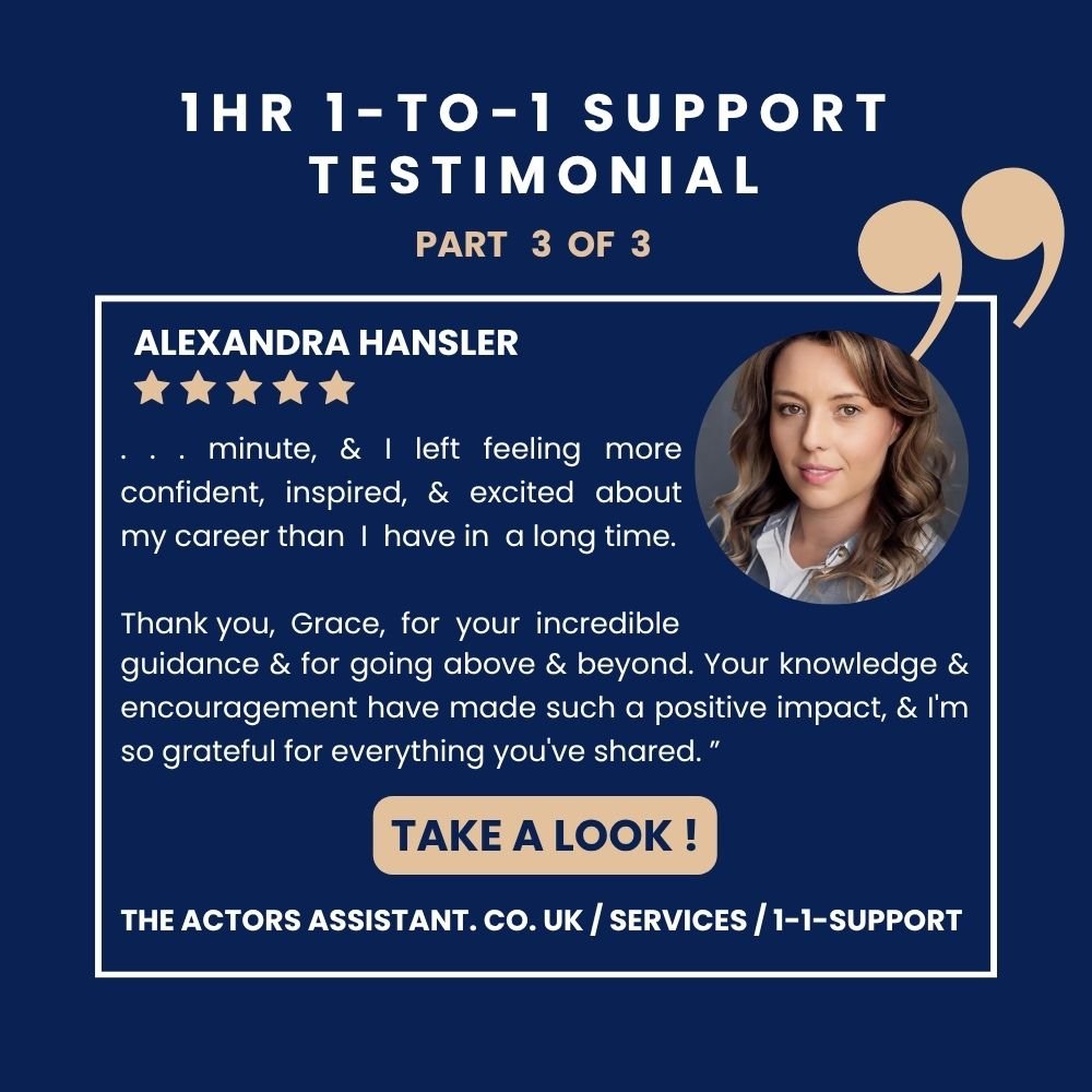Part 2 of 3 testimonial graphics with a photo of Alexandra, with a five-star rating, and text praising Grace for her 1 hour 1 to 1 support service. The background is dark blue, with white and beige text.