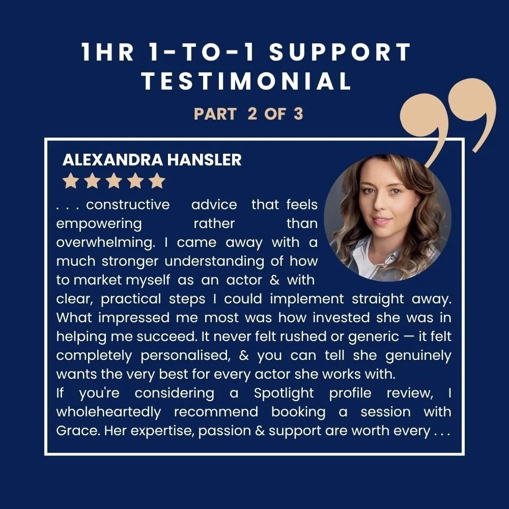 Part 2 of 3 testimonial graphics with a photo of Alexandra, with a five-star rating, and text praising Grace for her 1 hour 1 to 1 support service. The background is dark blue, with white and beige text.