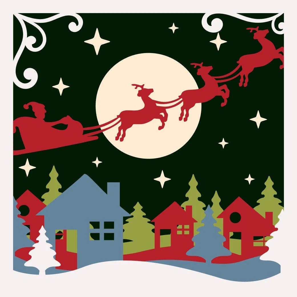 Santa’s Christmas Eve shadow box design mockup with Santa and reindeer flying past the moon above a snowy village.