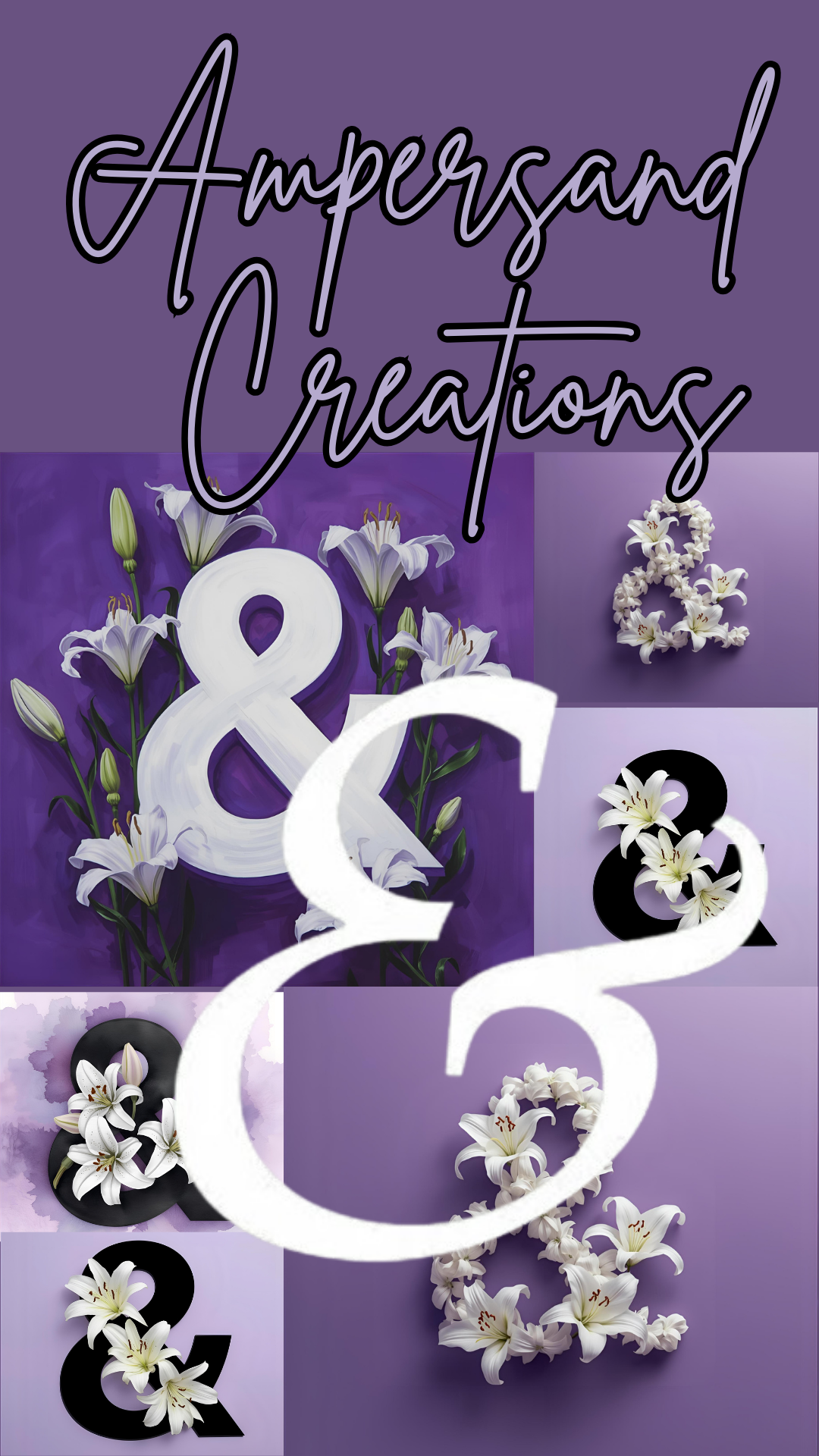 Text reading 'Ampersand Creations' with floral designs and large ampersand symbols on a purple background.