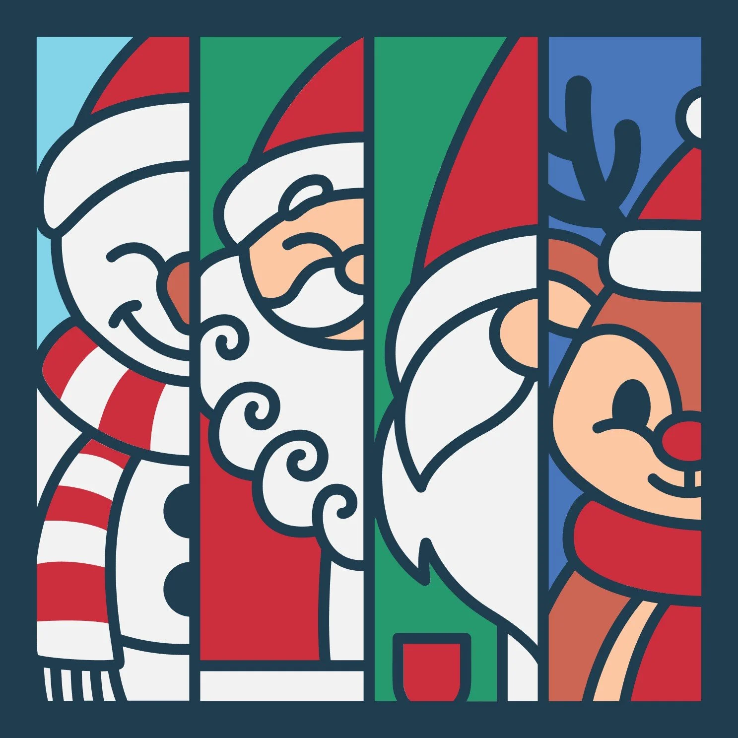 Holiday Friends shadow box design mockup featuring a snowman, Santa, gnome, and reindeer in four vertical panels.