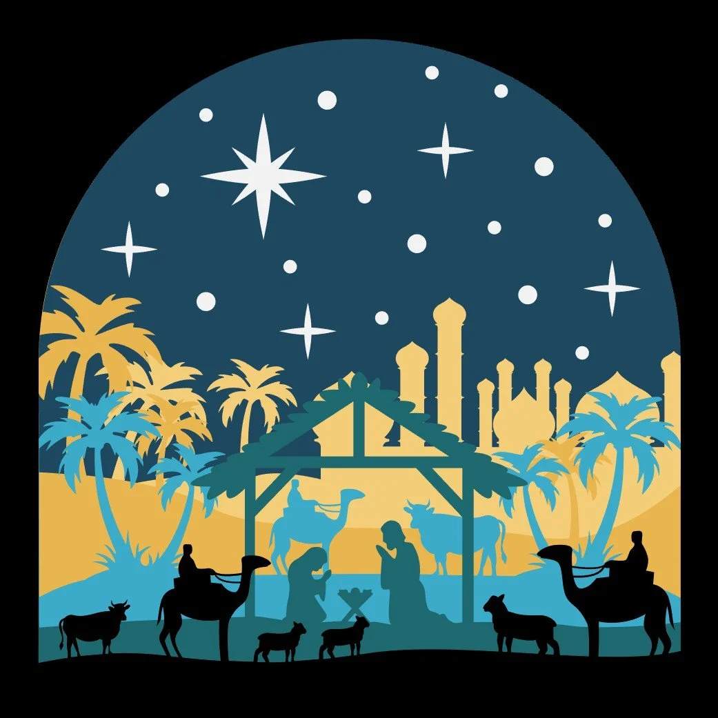 Nativity shadow box design mockup with Mary, Joseph, baby Jesus, animals, and travelers beneath a starry sky.