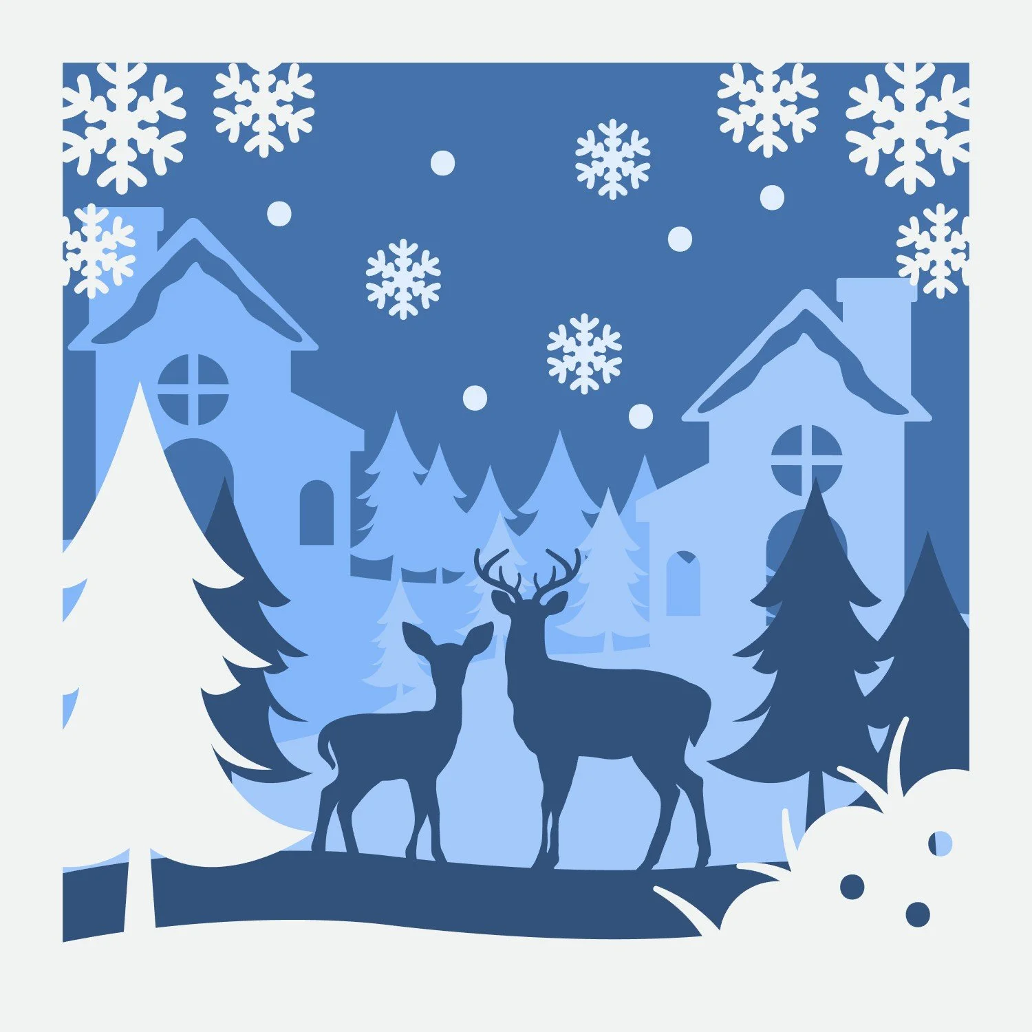 Winter Woodland shadow box design mockup with two deer, snowy trees, village houses, and snowflakes in blue and white.