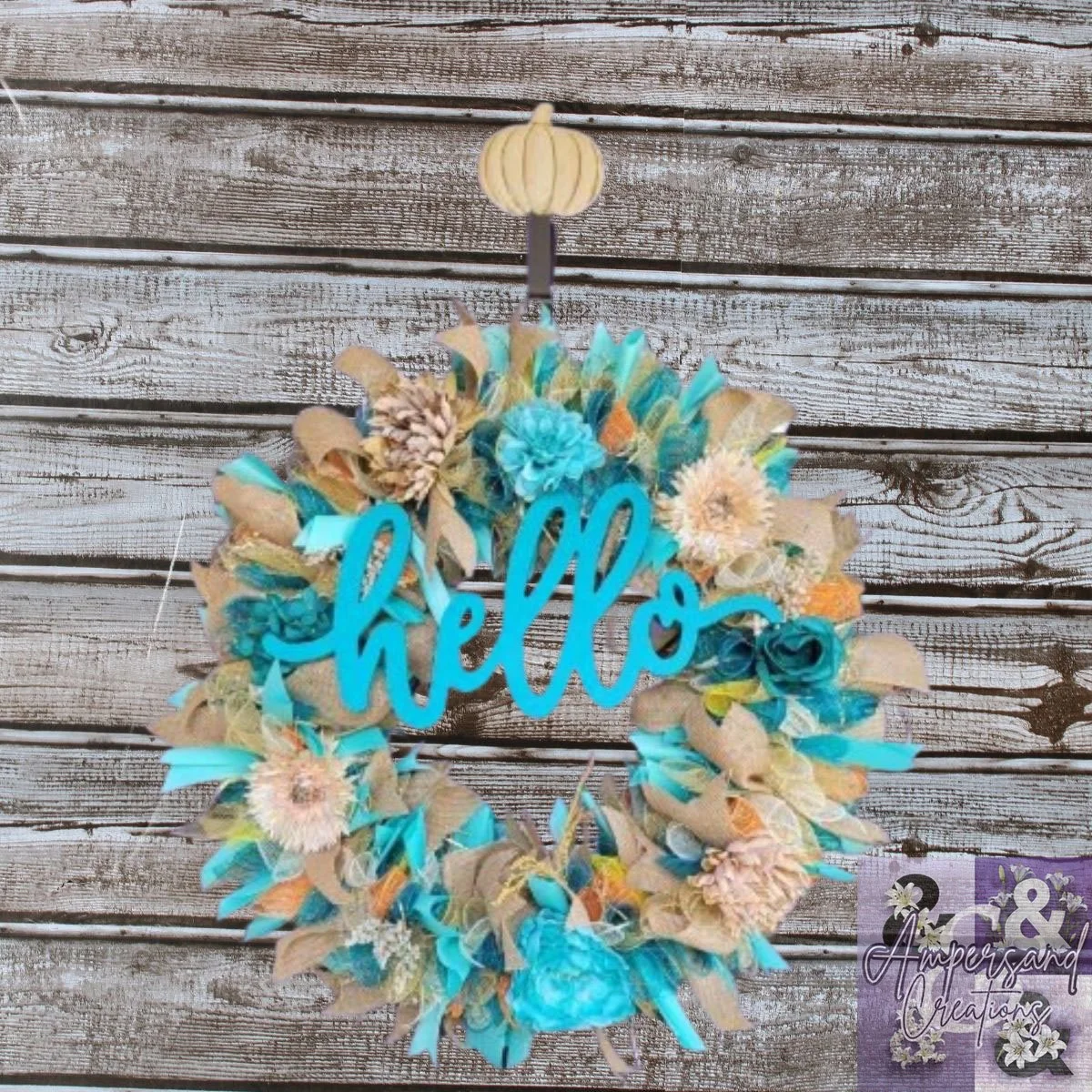 Hello Wreath for Front Door | Deco Mesh Wreath with Burlap & Teal | Rustic Farmhouse Year Round Decor