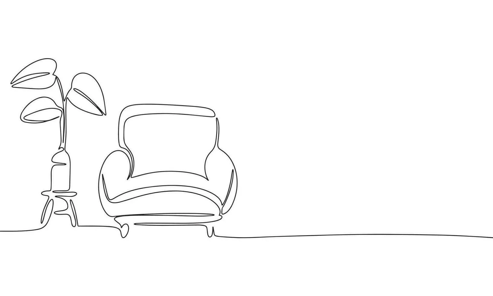 Line drawing of a living room corner with a potted plant and a cozy armchair.