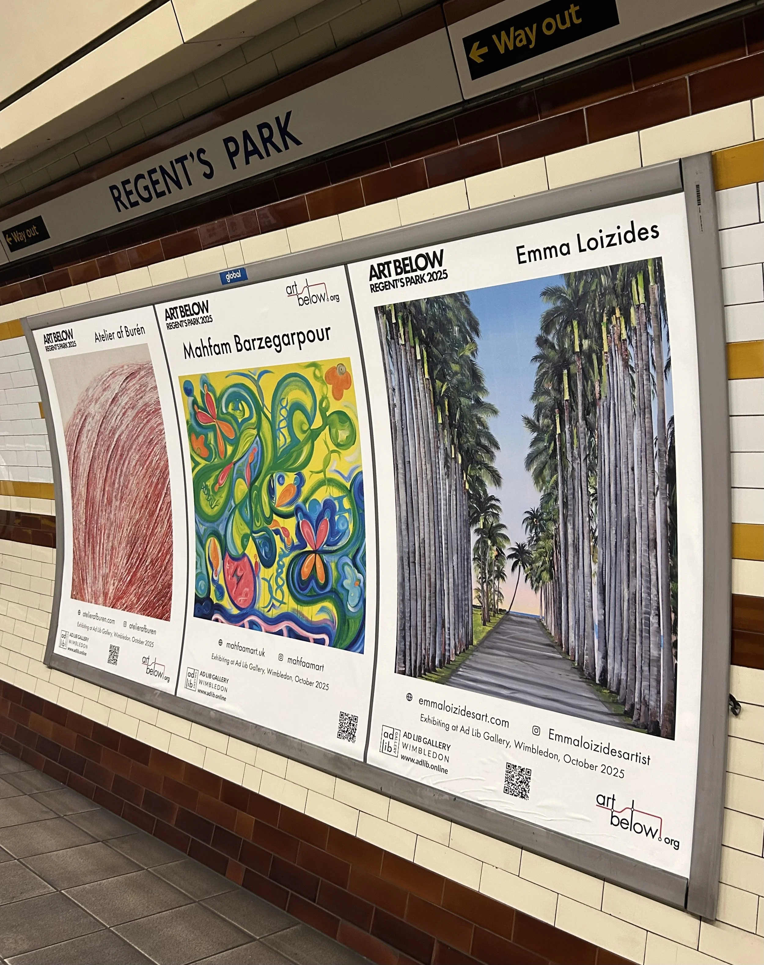 Posters advertising art exhibitions at Ad Lib Gallery, Wimbledon, October 2025, featuring works by Mahfahm Barzegarpour and Emma Loizides, with images of colorful abstract art and a pathway lined with tall palm trees.