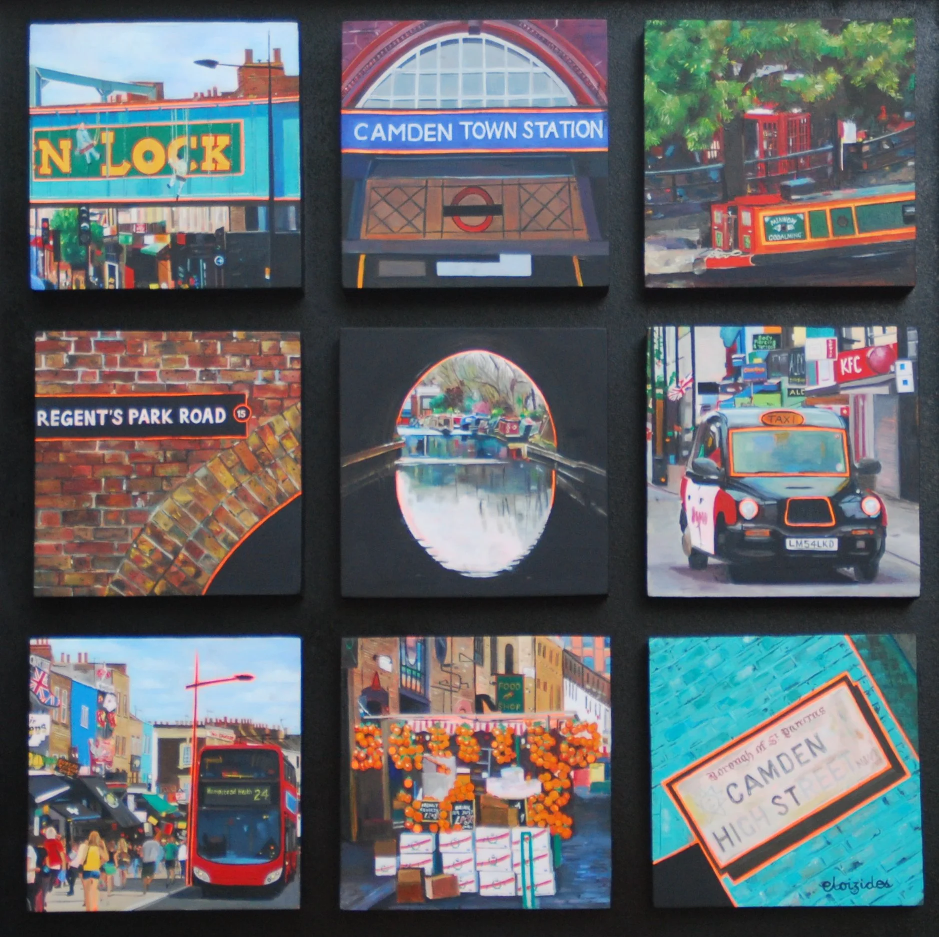 Collection of nine colorful paintings depicting scenes from Camden, London, including Camden Town Station, canal with boats, market stalls, a taxi, and street scenes with shops and people.